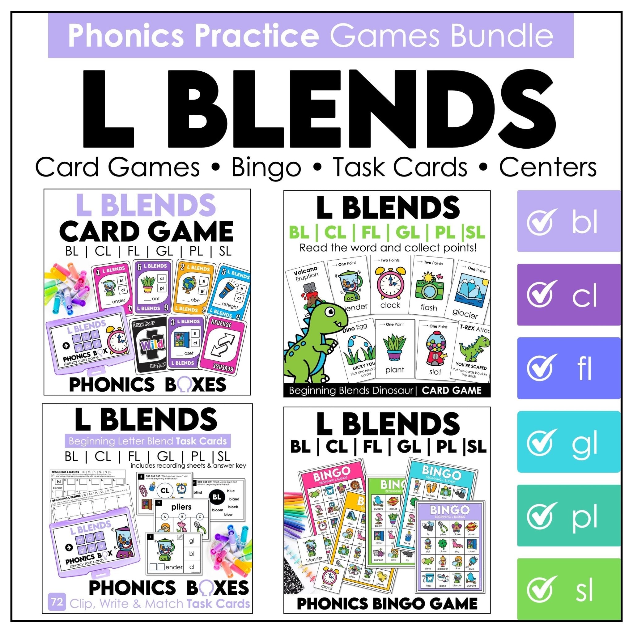 L Blends Phonics Games Bundle | Task Cards & Bingo