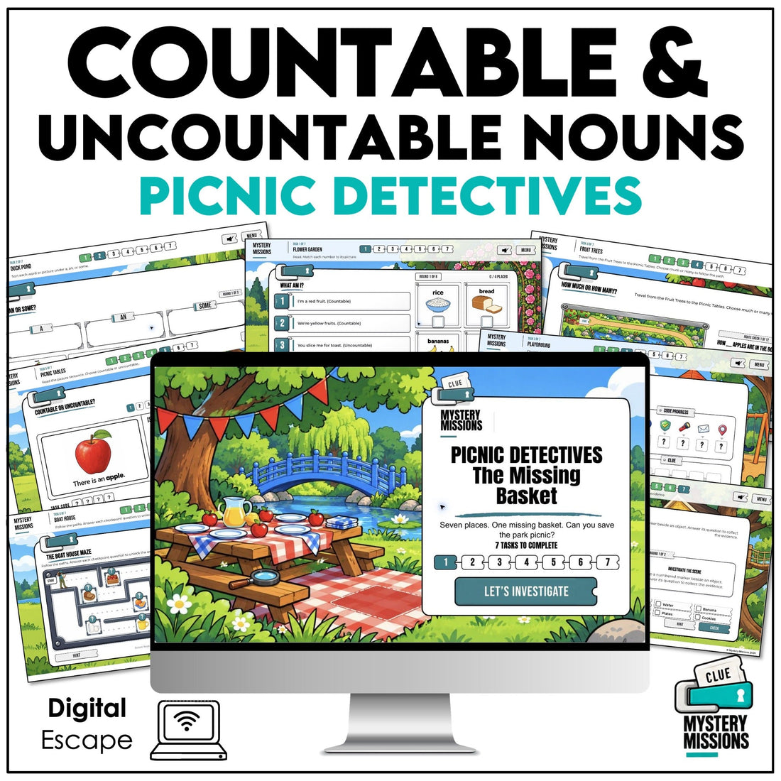 Picnic Detectives countable and uncountable nouns digital escape room for Grades 2–4