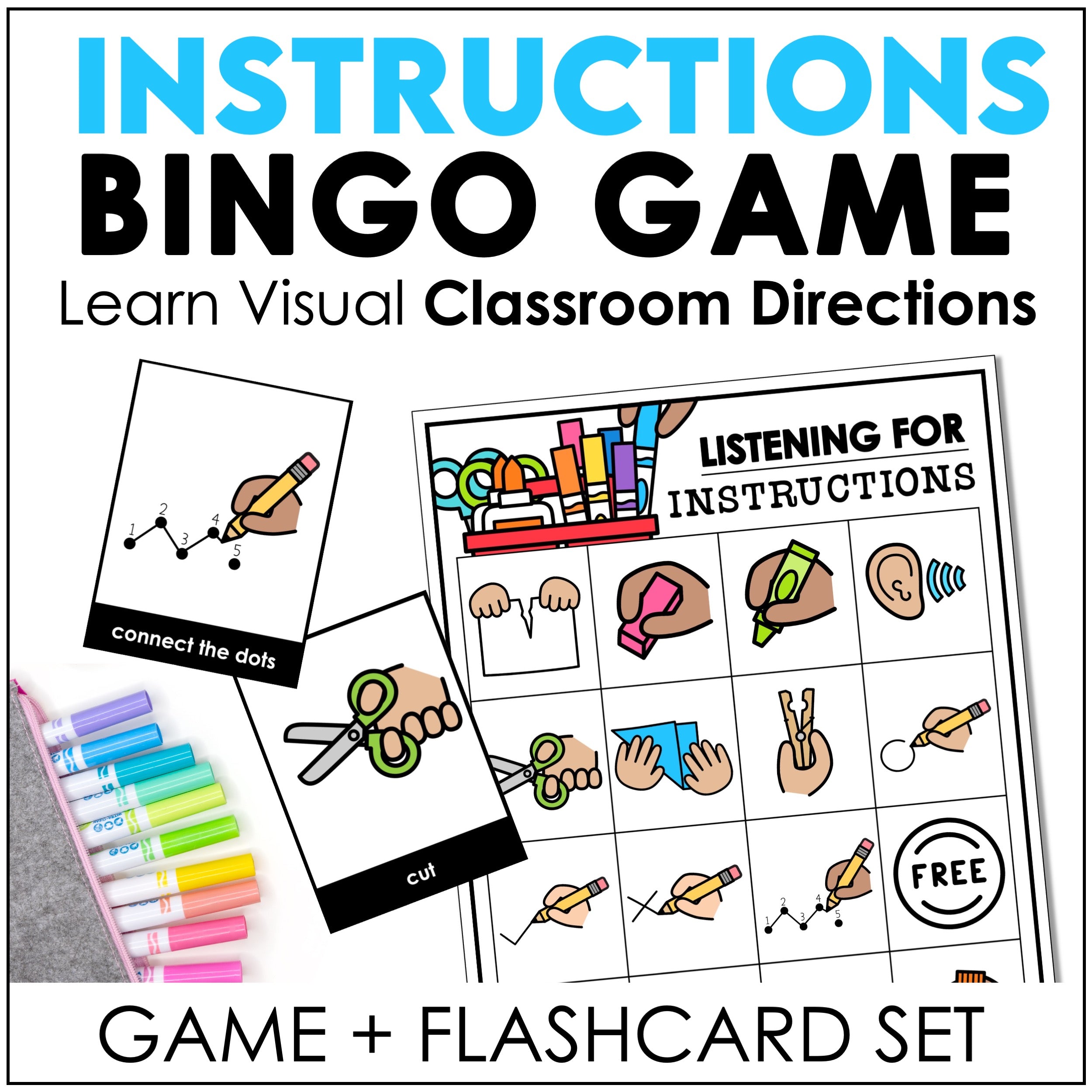 Classroom Instructions for Newcomers Bingo Game with Flashcards - Visual Directions