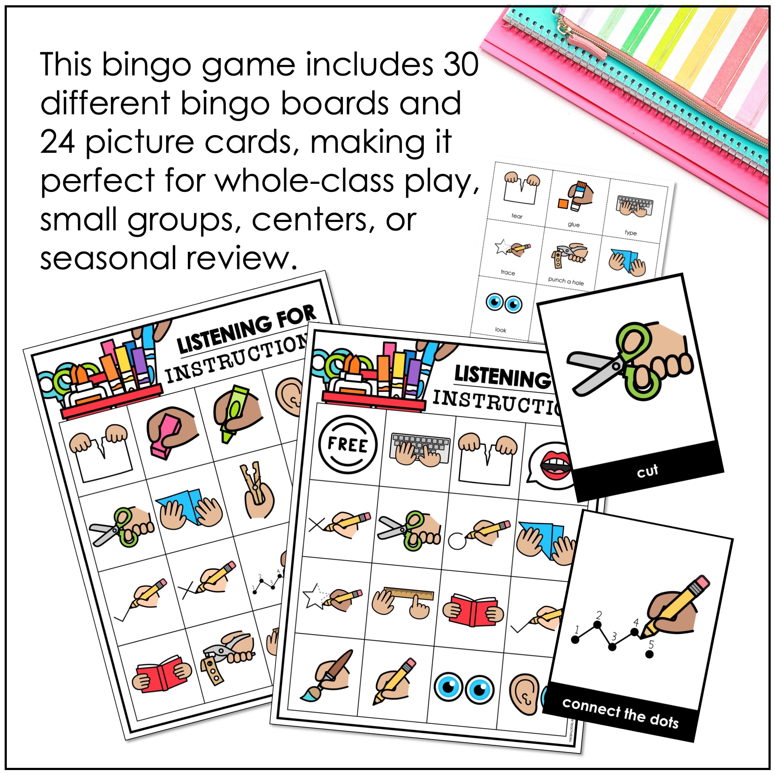 Classroom Instructions for Newcomers Bingo Game with Flashcards - Visual Directions