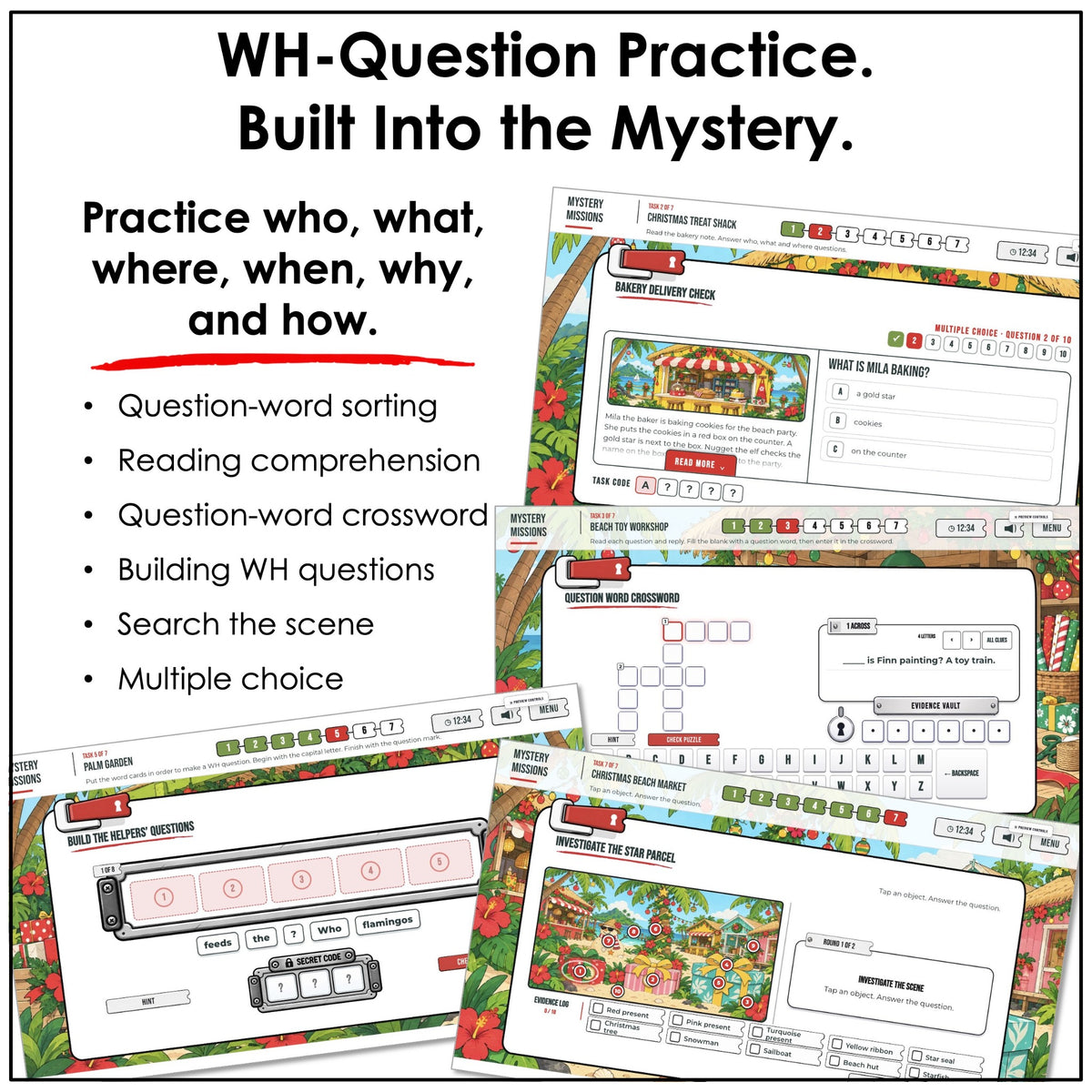 WH-question sorting, reading, crossword, and sentence building