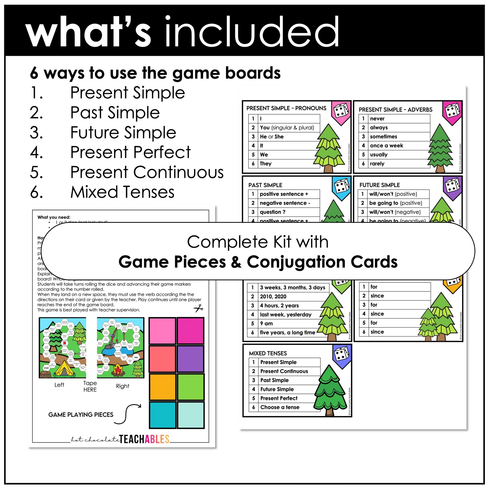Mixed Verb Tenses Board Game - 6 Ways to Play - Present, Past, Future, Adverbs - Hot Chocolate Teachables