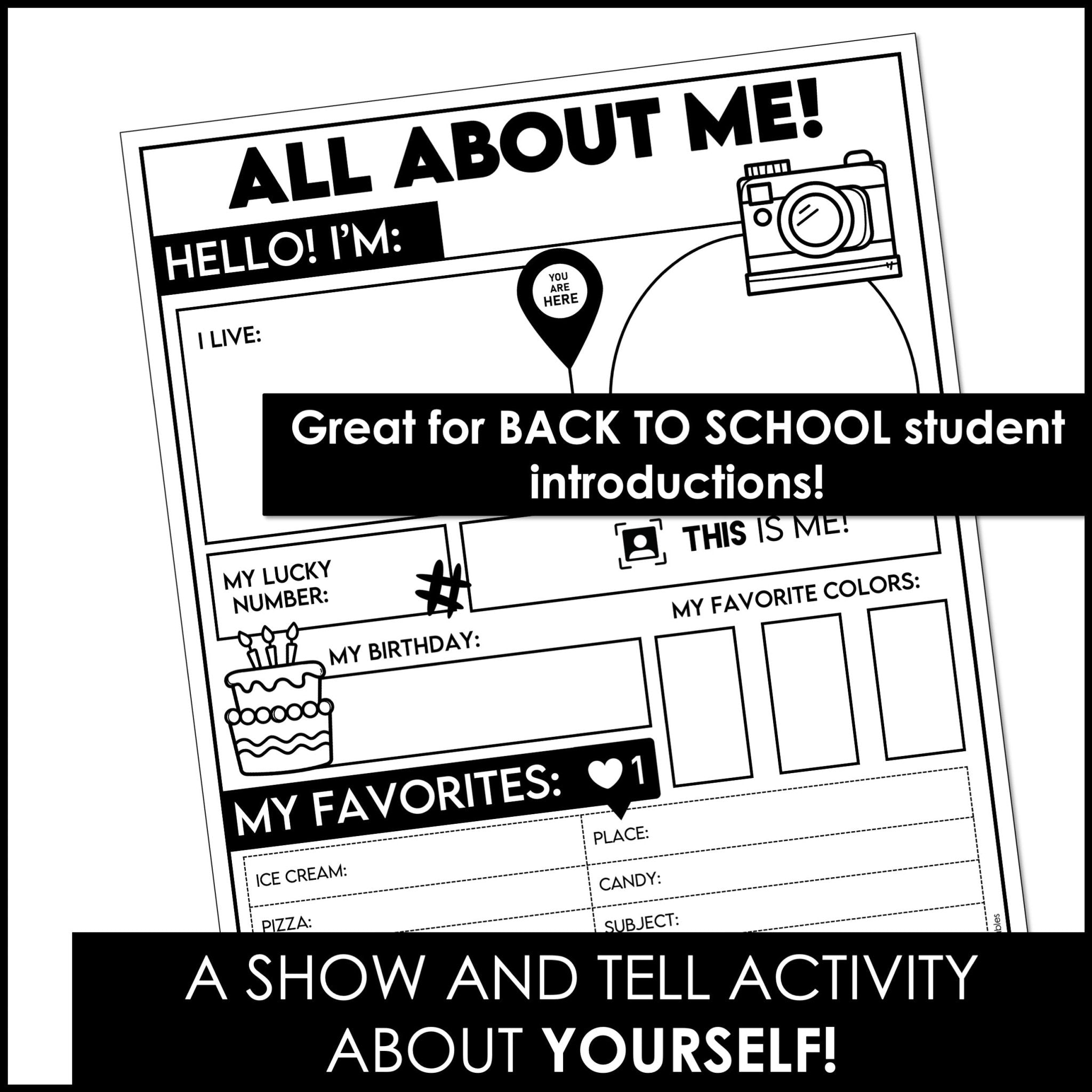 ABOUT ME - Back to School Show and Tell Student Worksheets