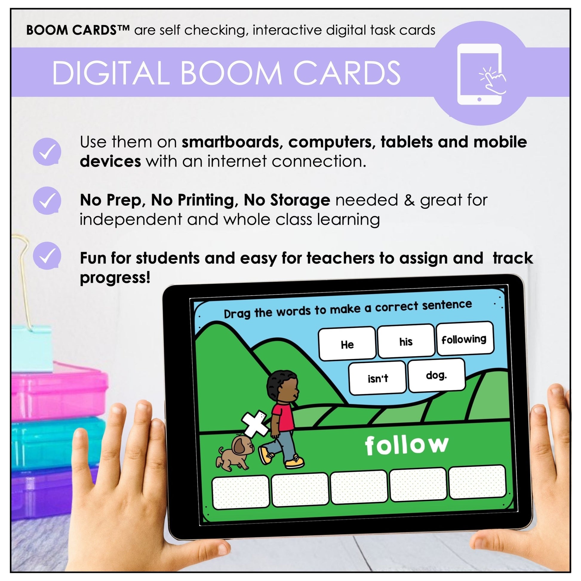 Action Verb BOOM CARDS™ | Present Continuous Sentence Building Activity - Hot Chocolate Teachables