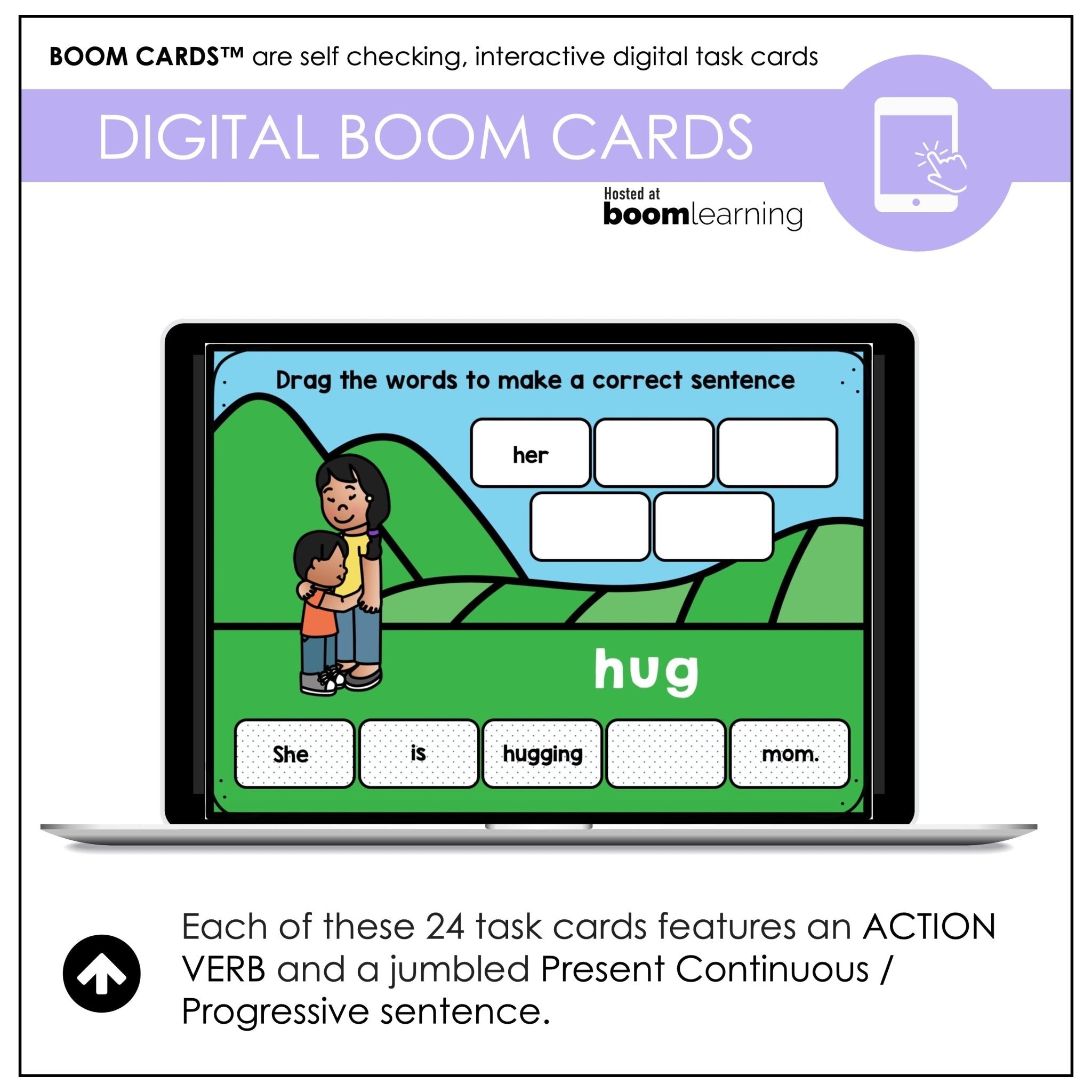 Action Verb BOOM CARDS™ | Present Continuous Sentence Building Activity - Hot Chocolate Teachables