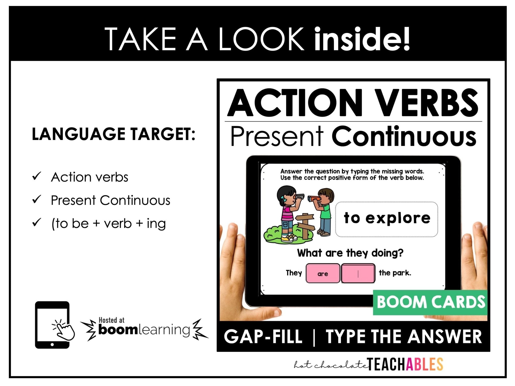 Action Verb BOOM CARDS - Sentence Building Present Progressive Tense Digital Task Cards - Hot Chocolate Teachables
