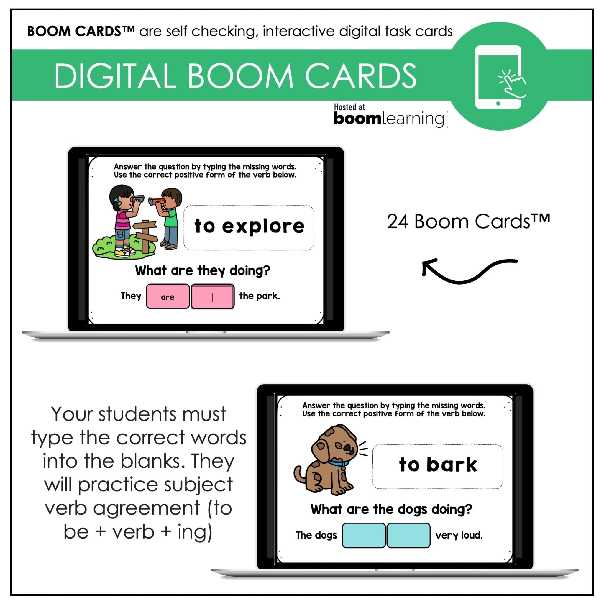 Action Verb BOOM CARDS - Sentence Building Present Progressive Tense Digital Task Cards - Hot Chocolate Teachables