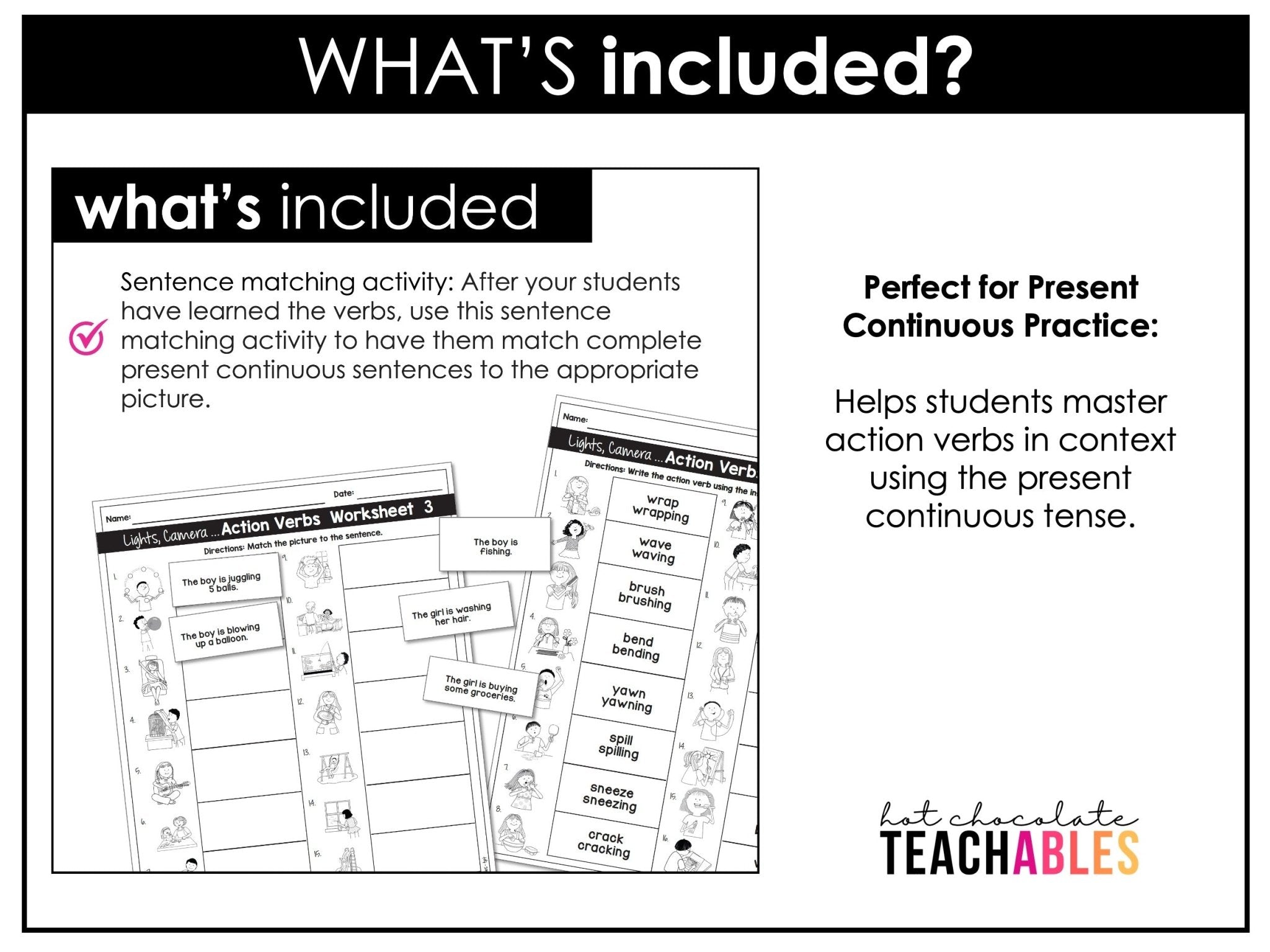 Action Verb Sentence Match + Cootie Catchers | Present Continuous Activities - Hot Chocolate Teachables