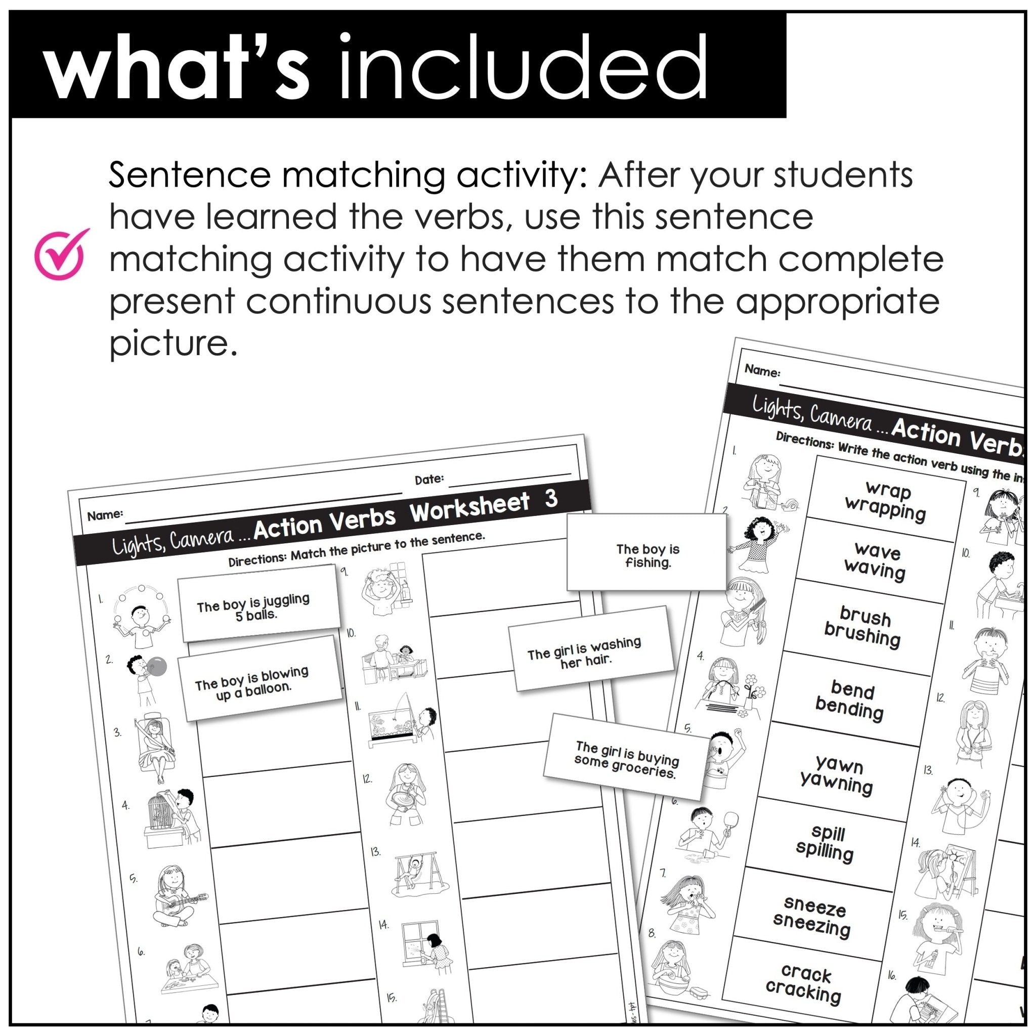 Action Verb Sentence Match + Cootie Catchers | Present Continuous Activities - Hot Chocolate Teachables