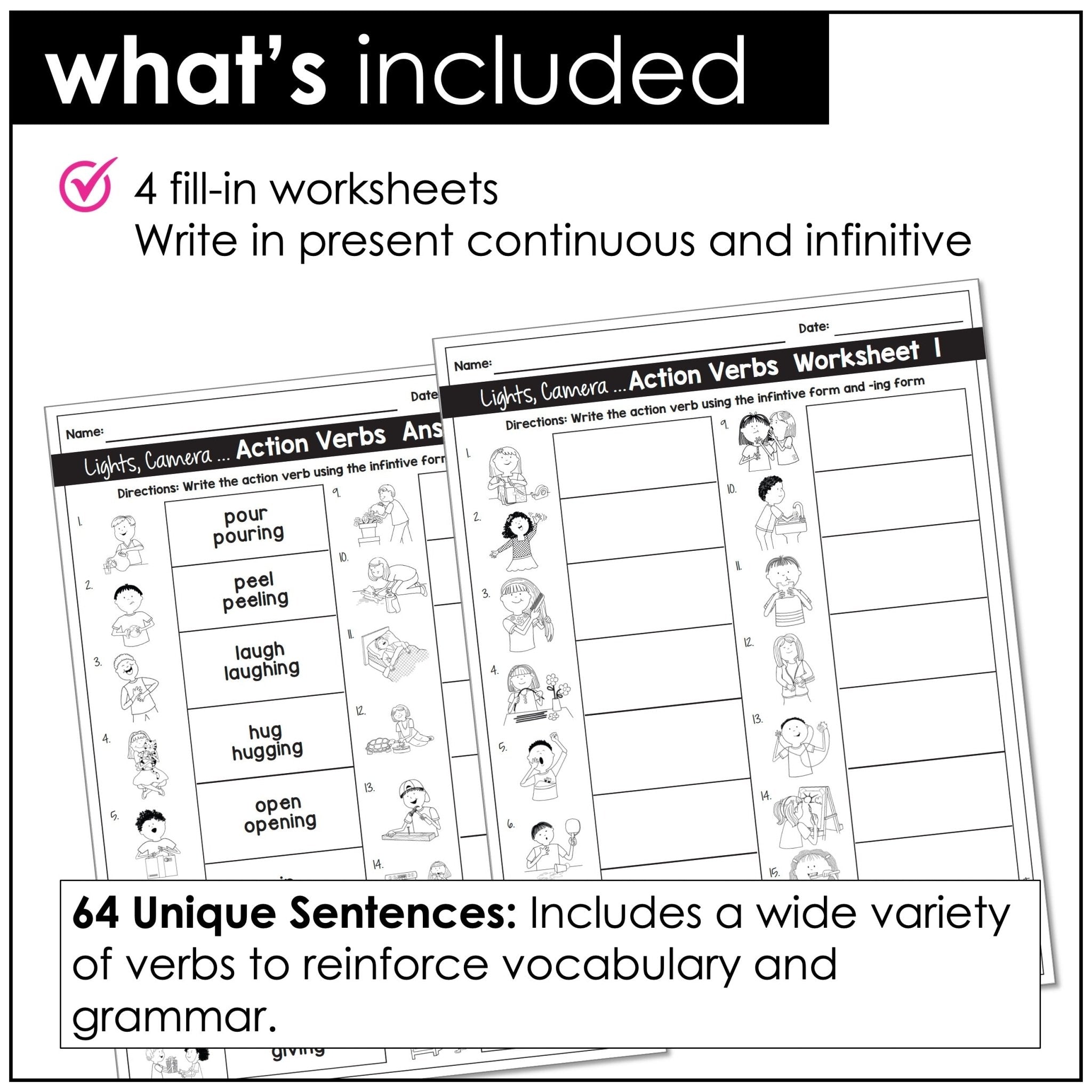Action Verb Worksheet Pack + Cootie Catchers