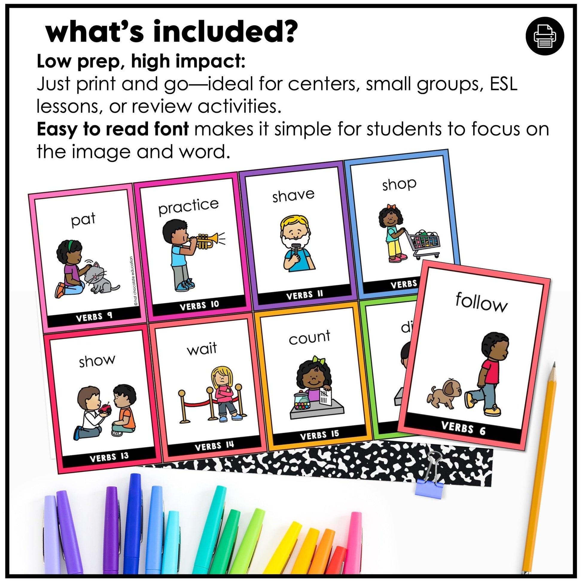 Action Verb Vocabulary Flashcards | ESL Flash Cards Volume 1 - Hot Chocolate Teachables