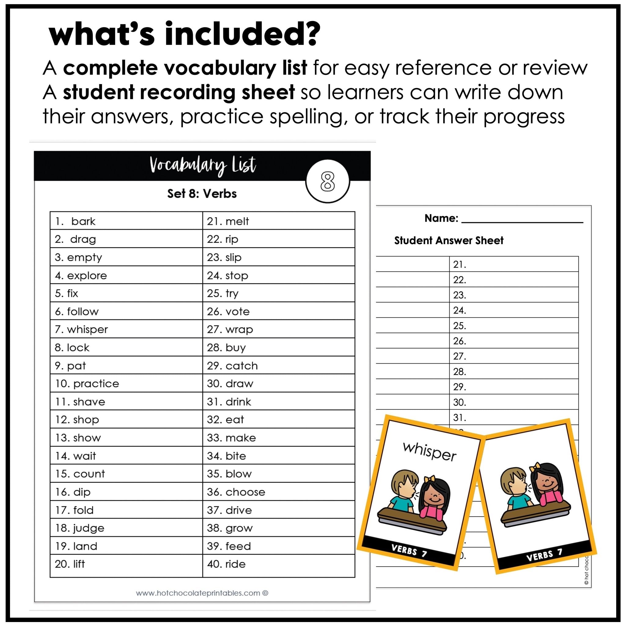 Action Verb Vocabulary Flashcards | ESL Flash Cards Volume 1 - Hot Chocolate Teachables