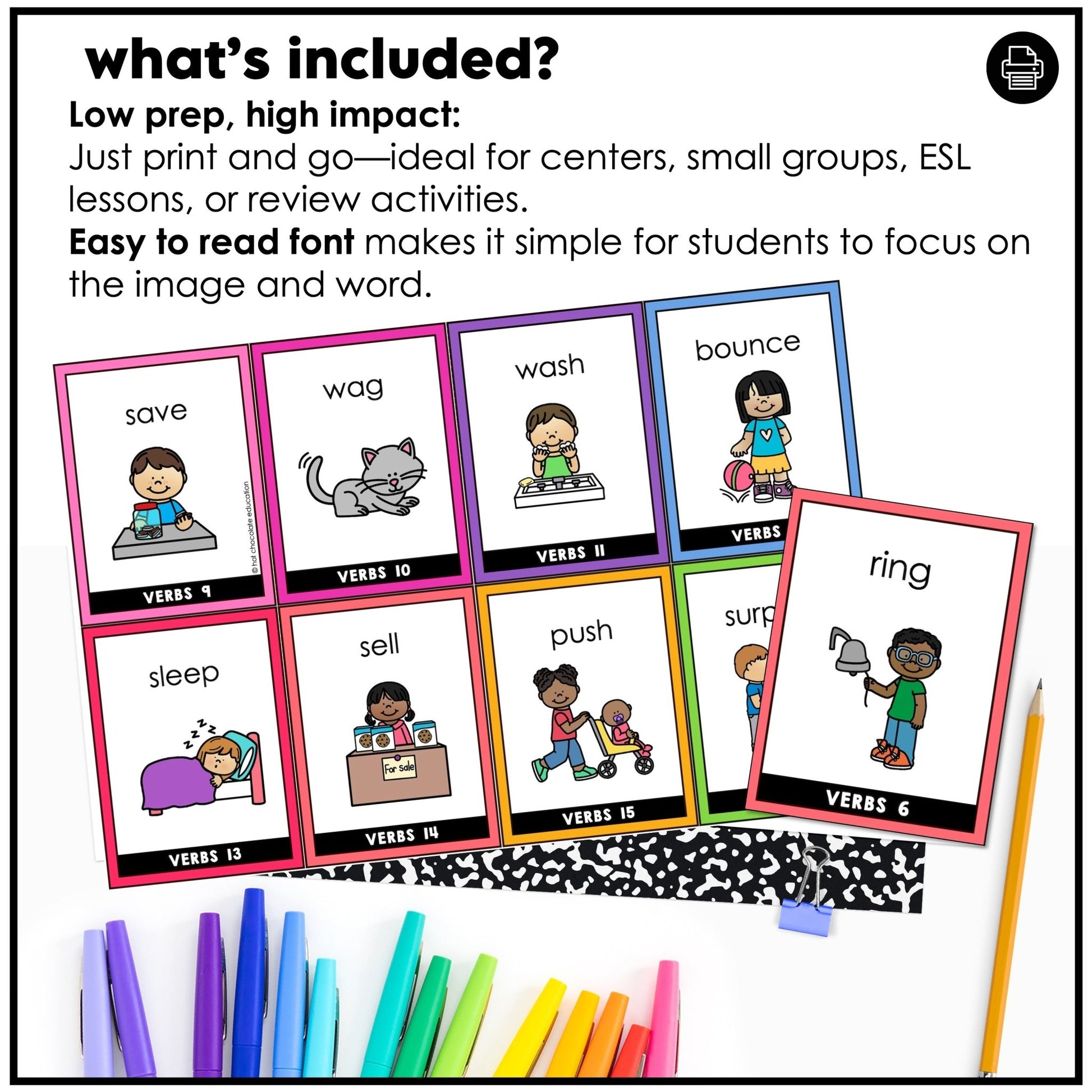 Action Verb Vocabulary Flashcards for ESL | Verb Cards with and without text - Hot Chocolate Teachables