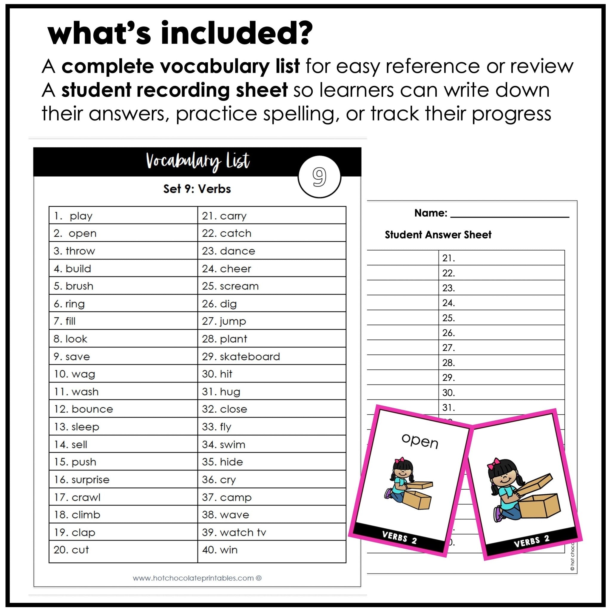 Action Verb Vocabulary Flashcards for ESL | Verb Cards with and without text - Hot Chocolate Teachables