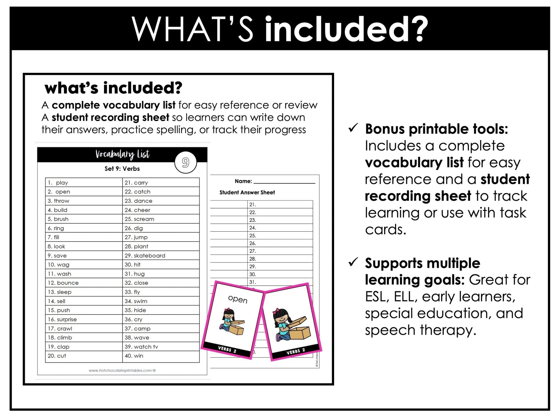Action Verb Vocabulary Flashcards for ESL | Verb Cards with and without text - Hot Chocolate Teachables