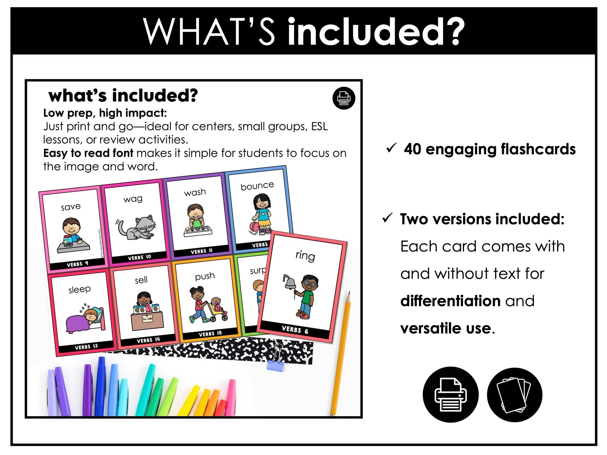 Action Verb Vocabulary Flashcards for ESL | Verb Cards with and without text - Hot Chocolate Teachables