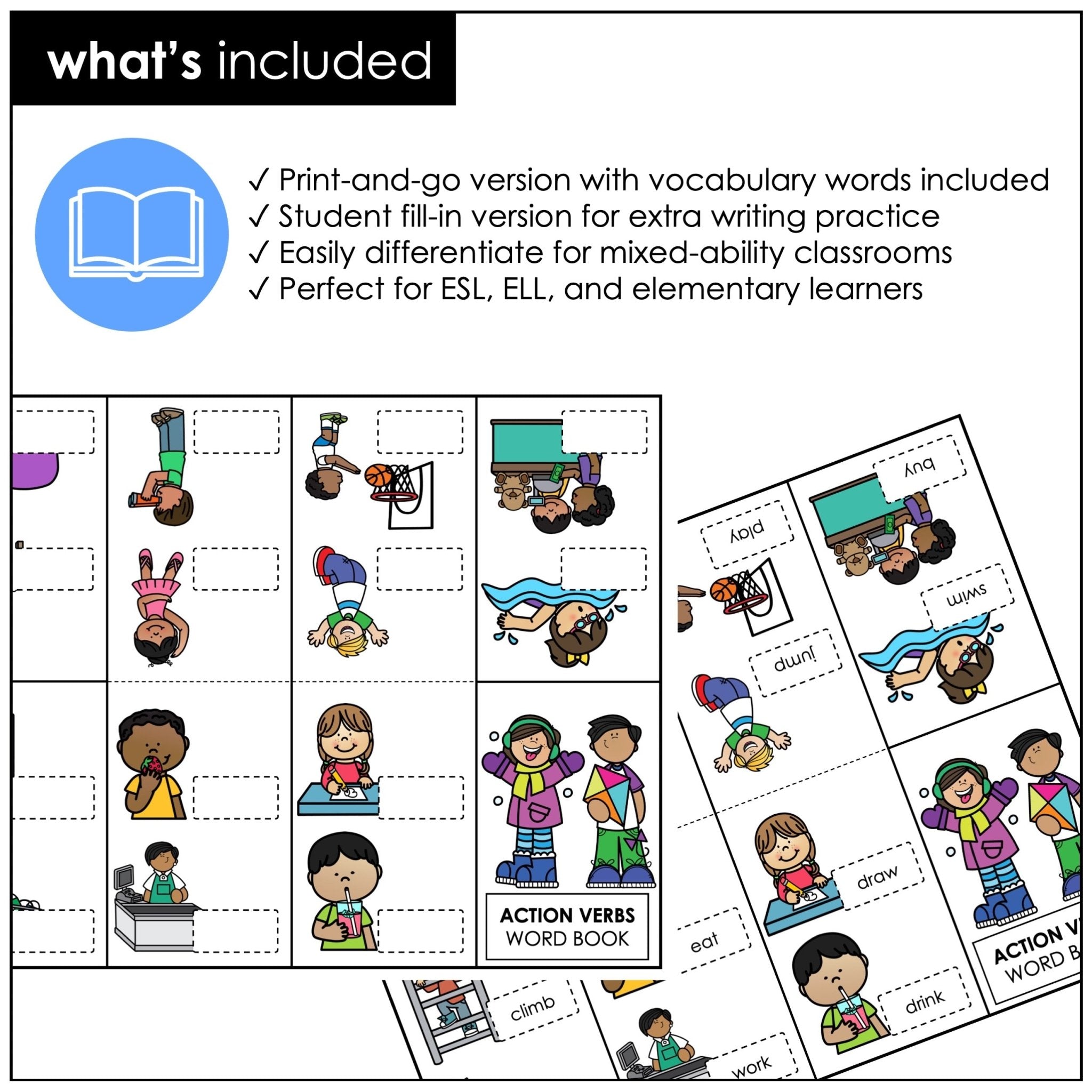 Action Verbs Mini Word Book ESL Picture Dictionary Activity