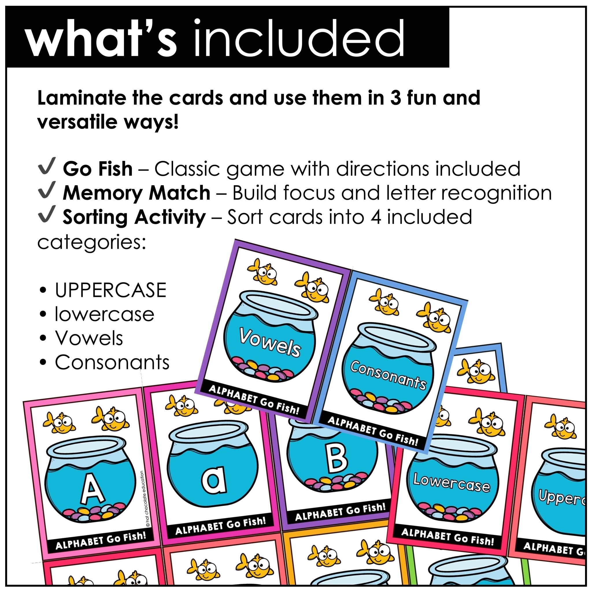 Alphabet Letter Fluency Card Game - Uppercase & Lowercase Letter GO FISH - Hot Chocolate Teachables