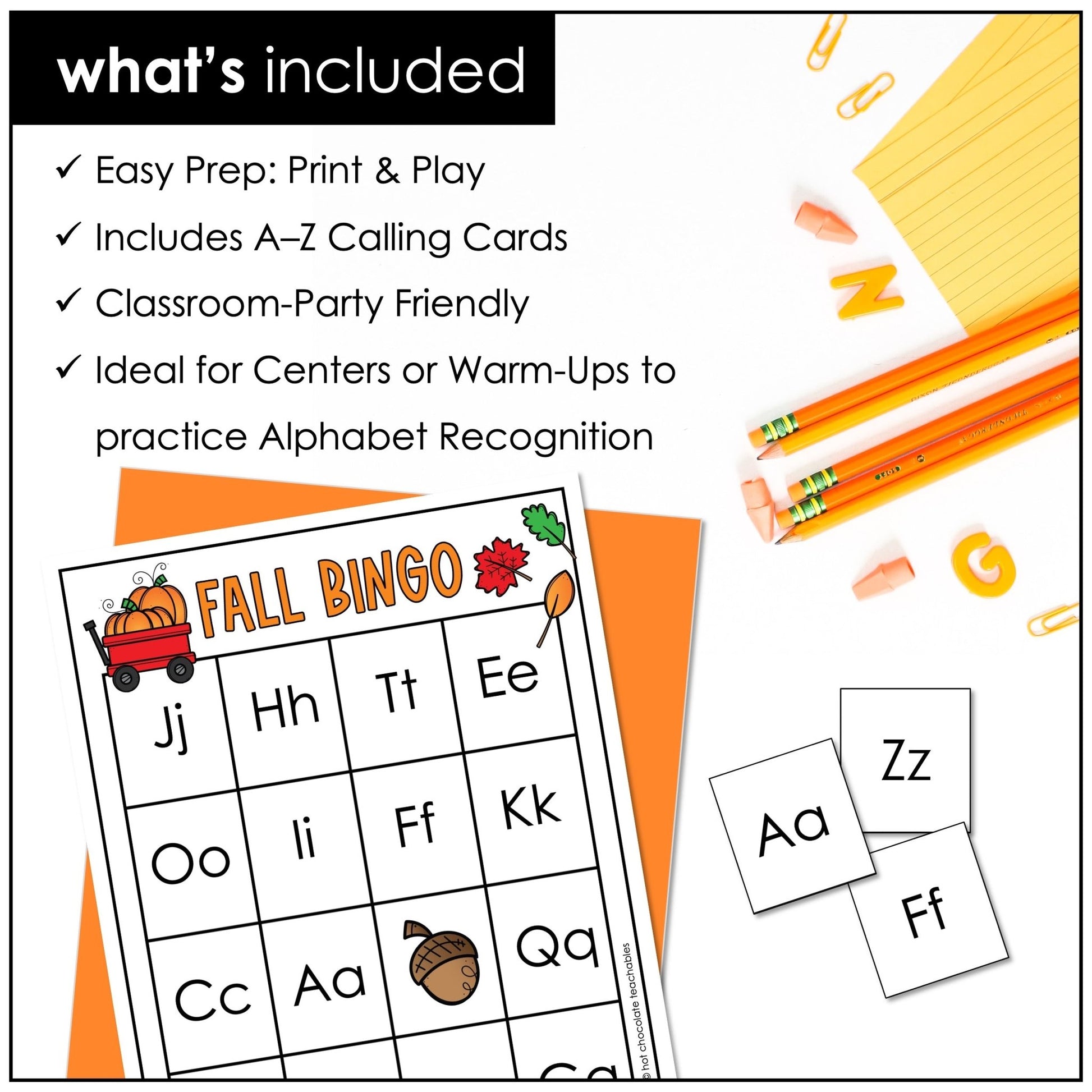 Alphabet Letters - Bingo Bundle : Digital & Print Game Boards for Fall / Autumn - Hot Chocolate Teachables