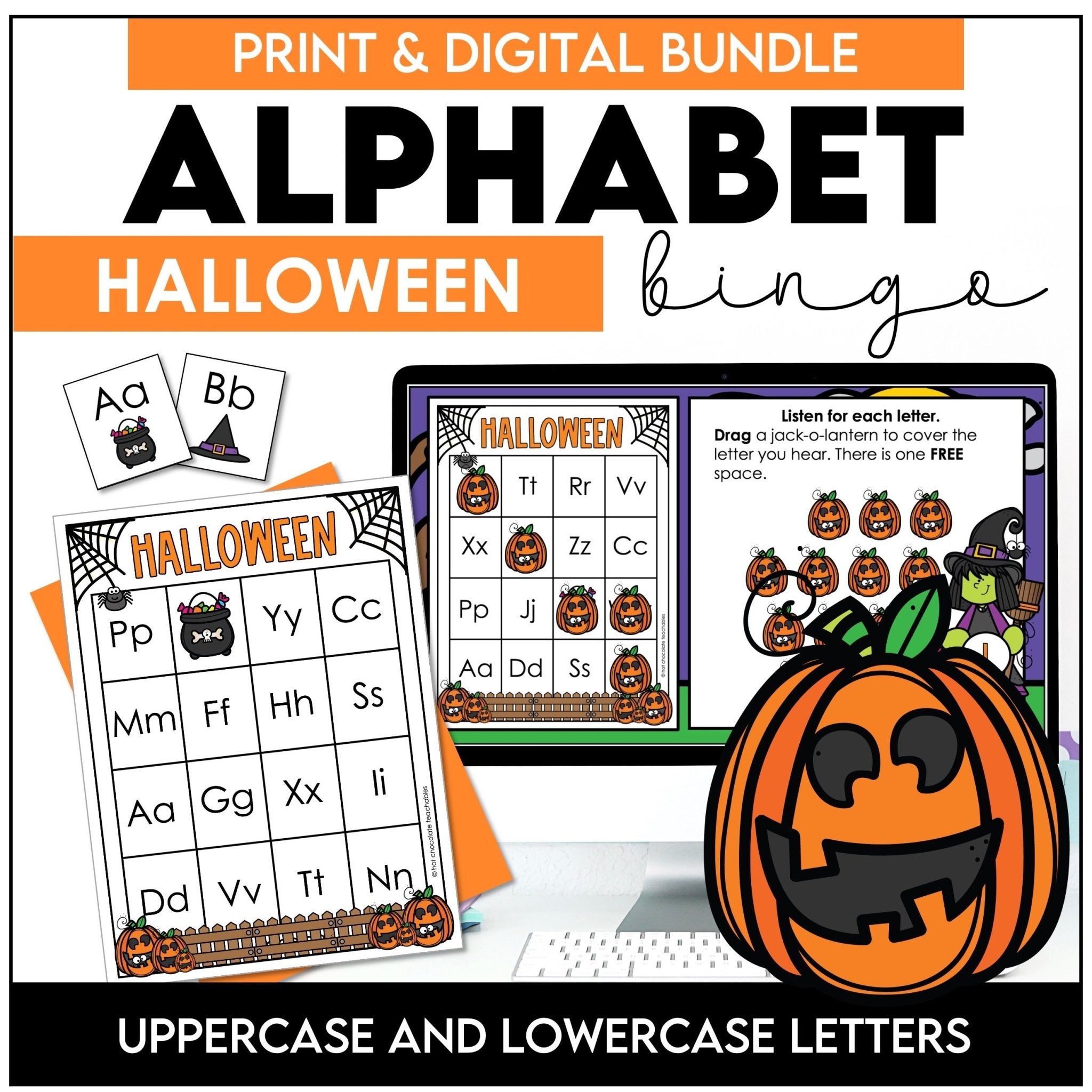 Alphabet Letters Bingo Bundle : Digital & Print - Halloween Theme Game Boards - Hot Chocolate Teachables