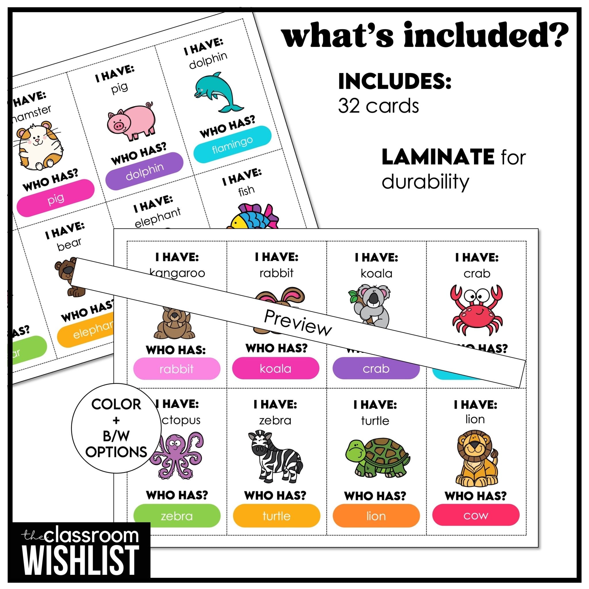 Animal "I Have, Who Has?" Card Game | Zoo, Marine, Farm Animals & Pets - Hot Chocolate Teachables