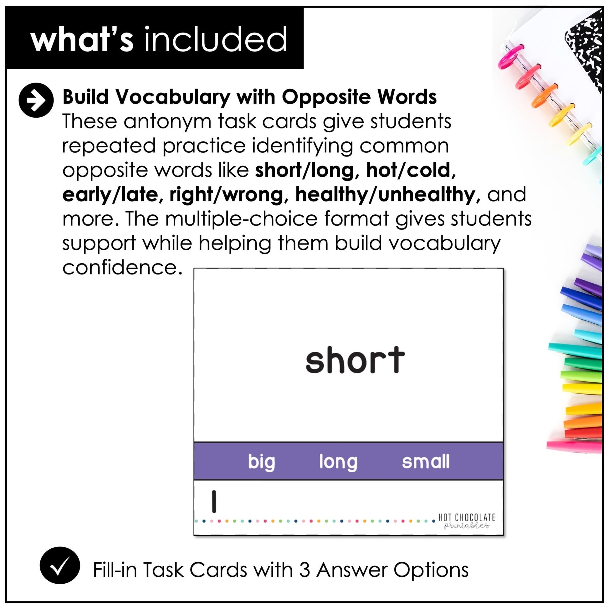 Antonym Task Cards : What's the opposite? - Hot Chocolate Teachables