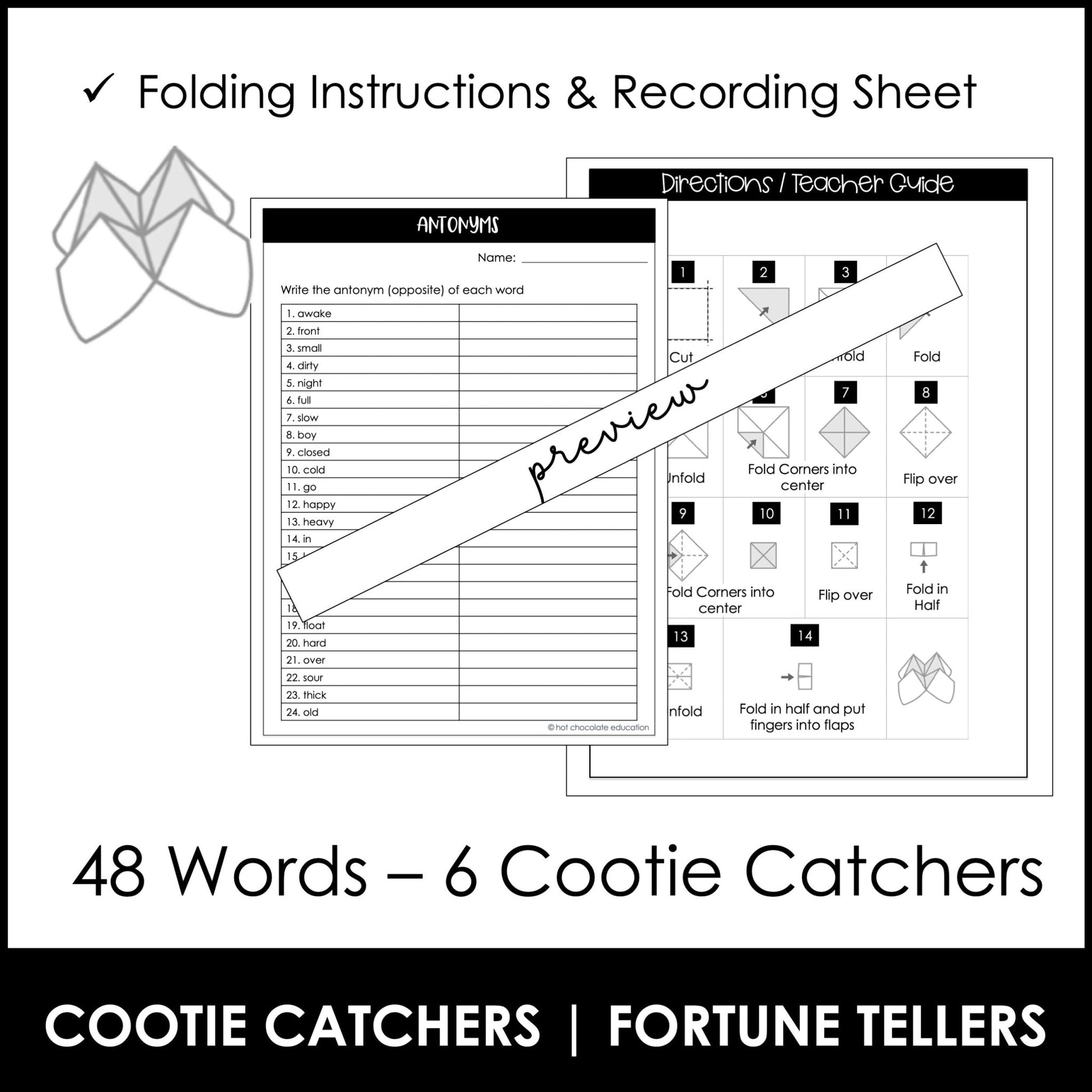 Antonyms Activity : What's the Opposite? Cootie Catcher - Fortune Tellers - Hot Chocolate Teachables