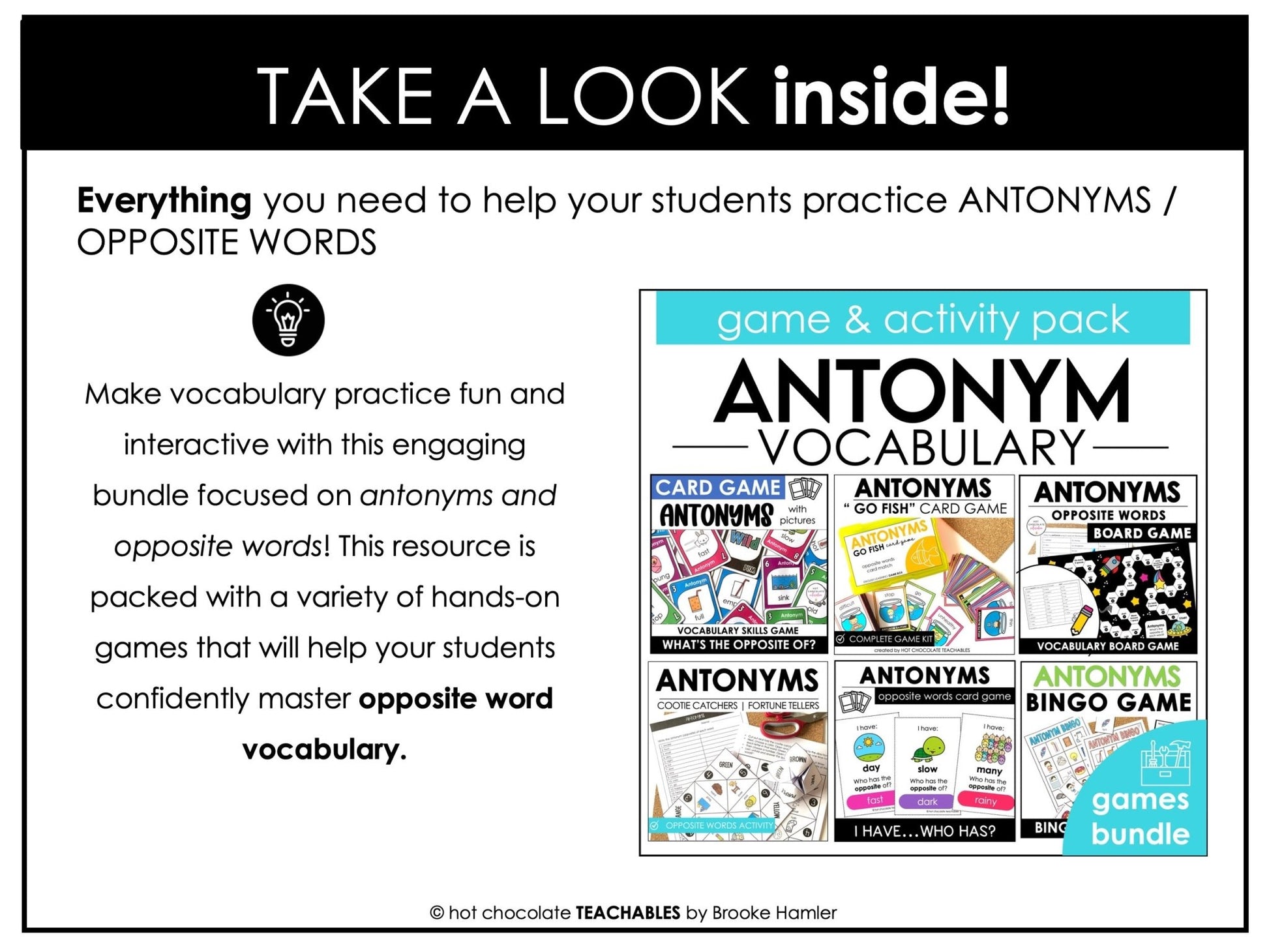 Antonyms Games & Activities Bundle | Opposite Words Vocabulary - Hot Chocolate Teachables