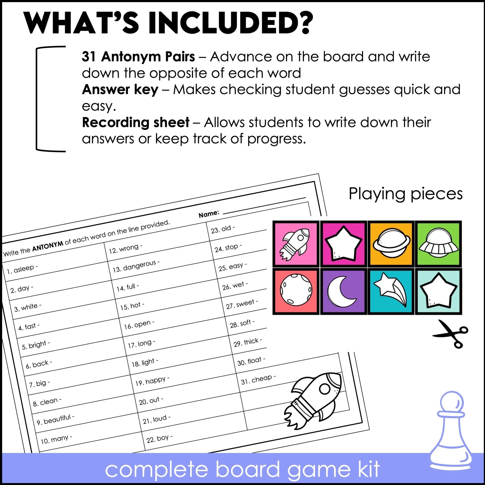 Antonyms : Opposite Word Pairs Board Game - Vocabulary Building - Hot Chocolate Teachables