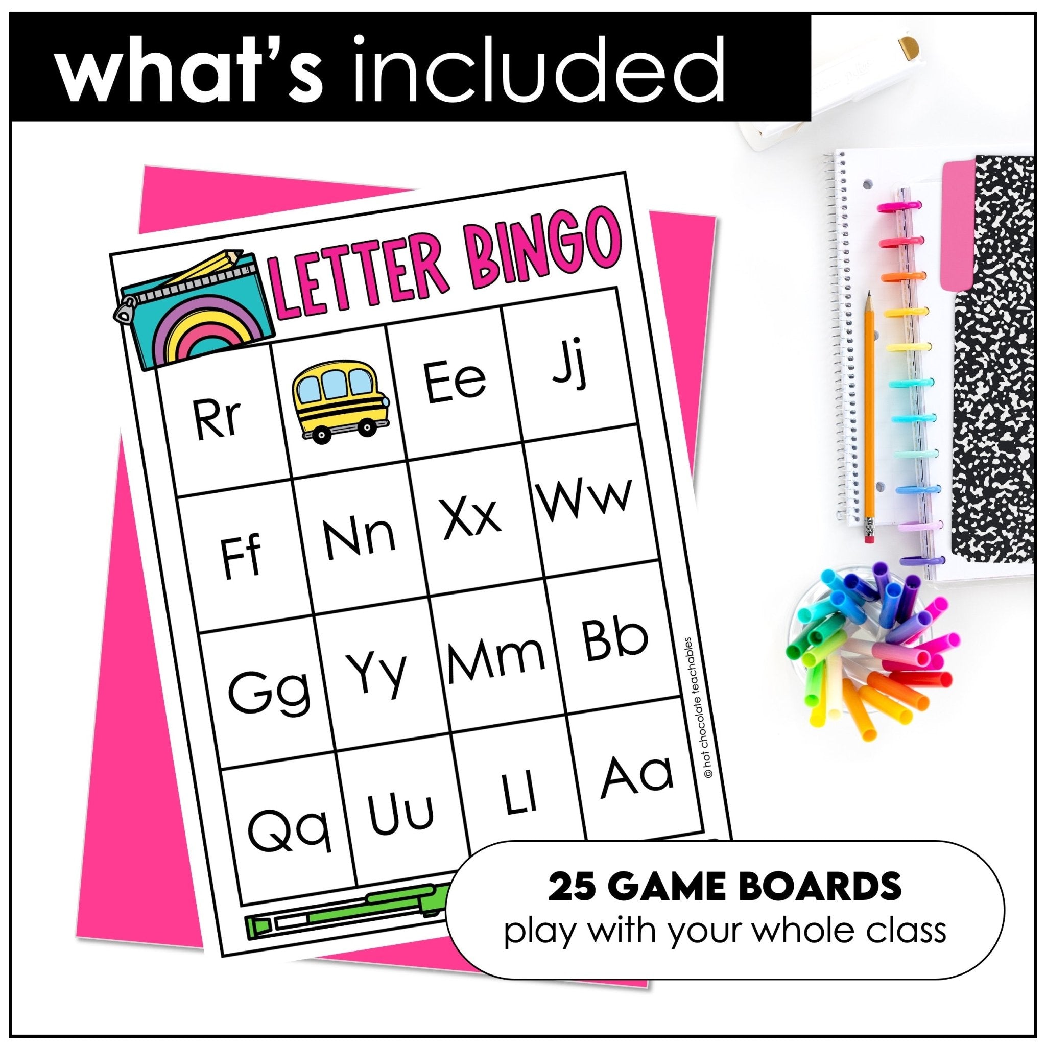 Back To School - Alphabet Letter Bingo Game for Uppercase & Lowercase Practice - Hot Chocolate Teachables