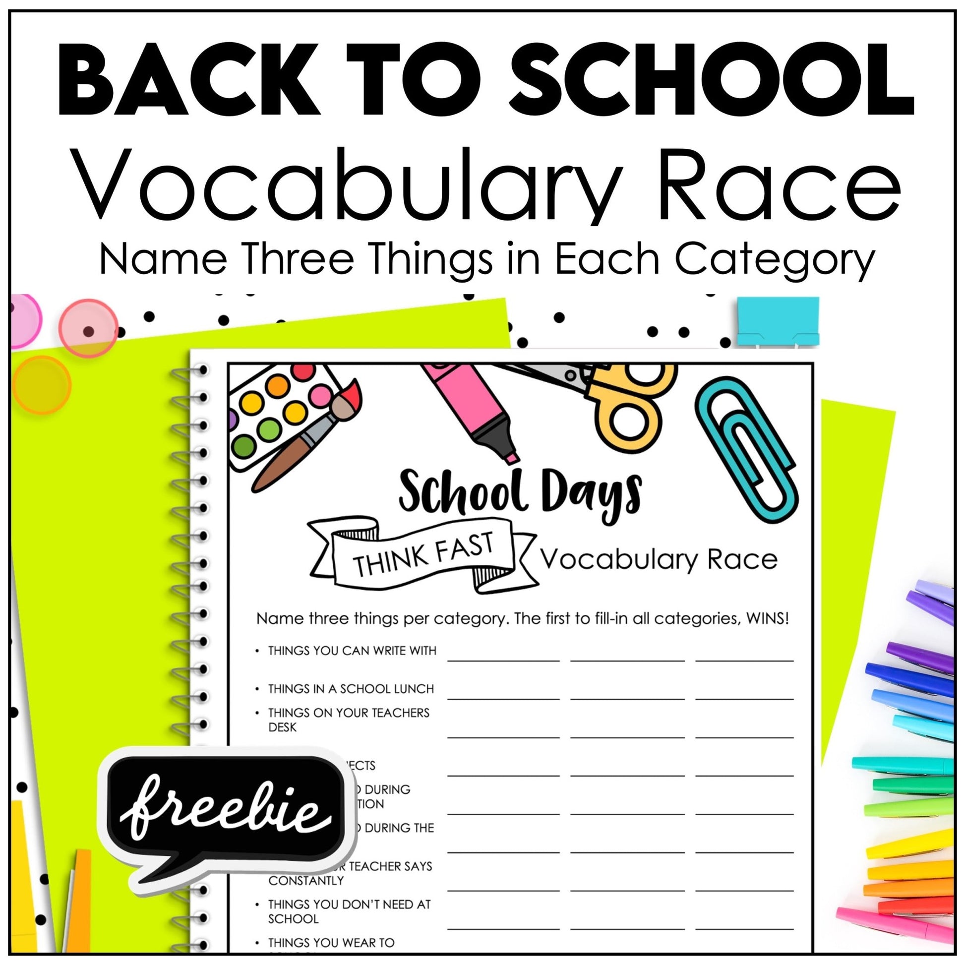 Back To School Vocabulary Building Race - Think Fast - Hot Chocolate Teachables