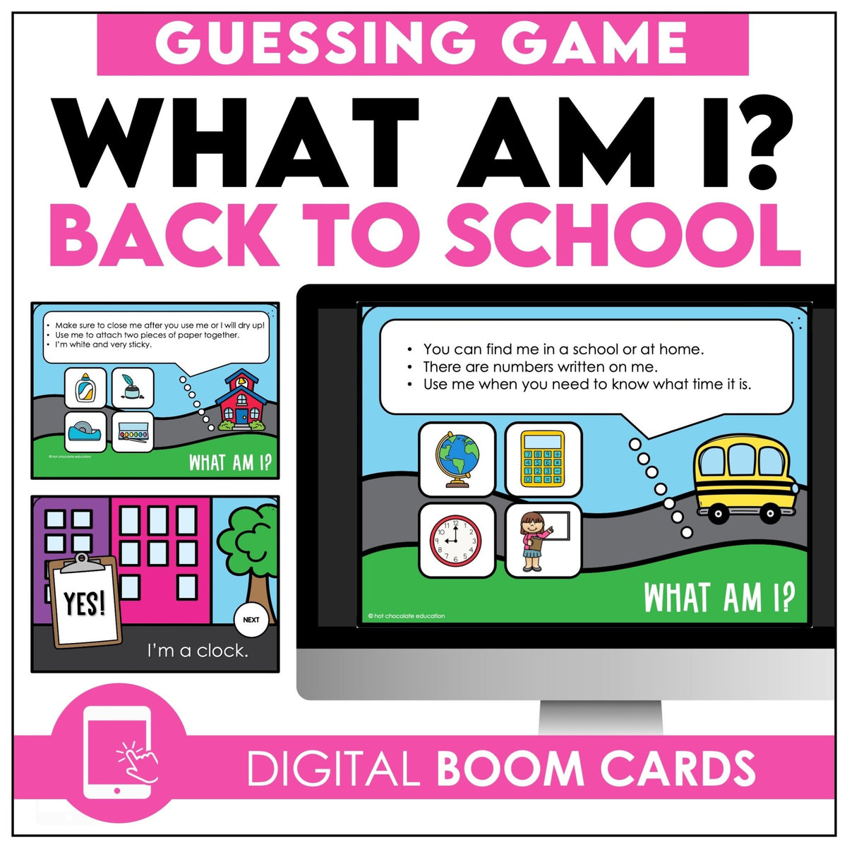 Back To School : What am I? ESL Vocabulary Guessing Game BOOM CARDS™ - Hot Chocolate Teachables