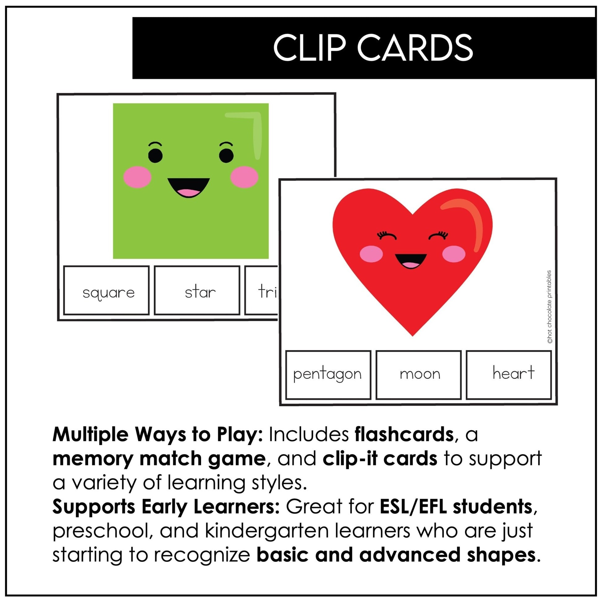 Basic Shapes Flashcards, Memory Match and Clip Cards - 3 Game Set - Hot Chocolate Teachables