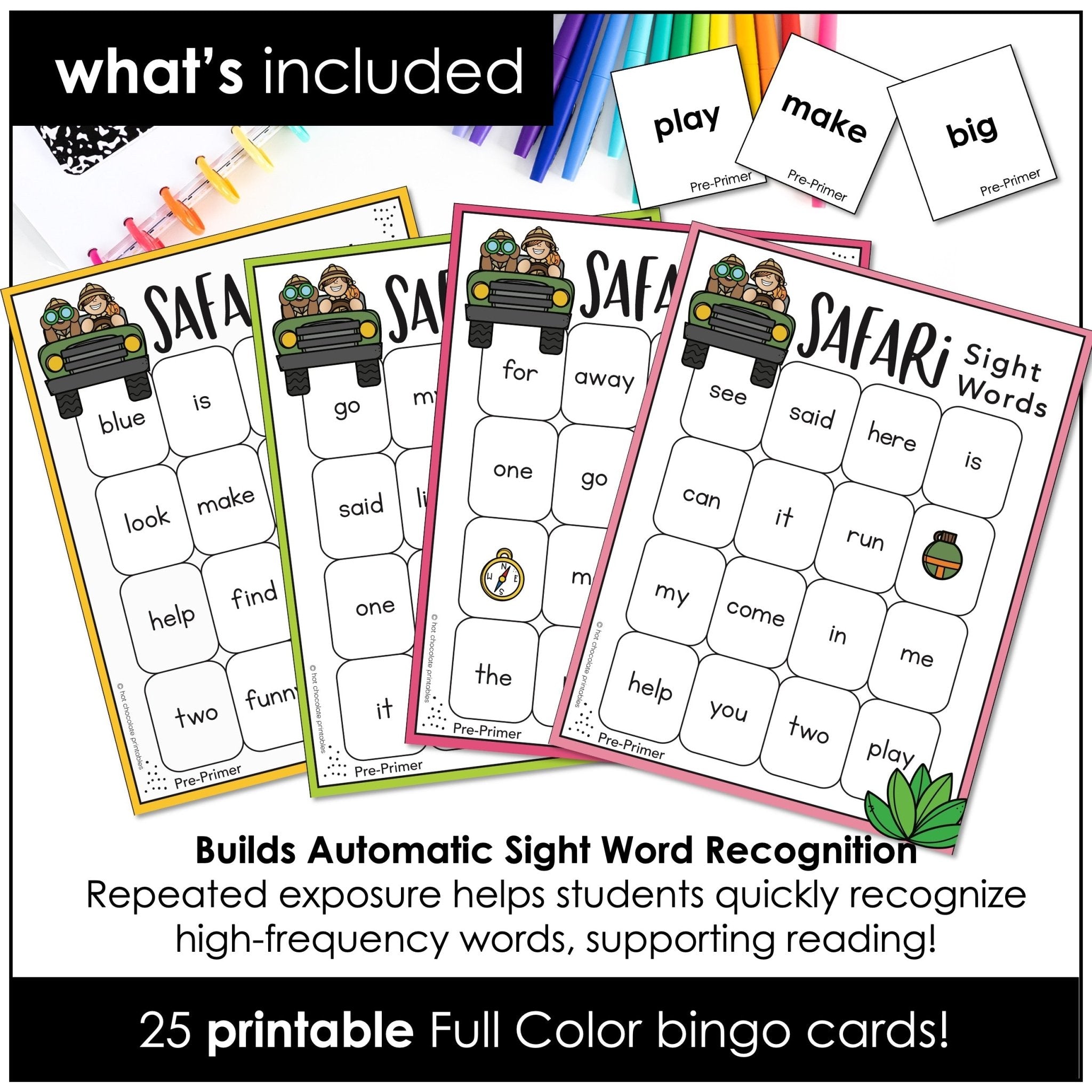 Beginning Sight Words Bingo Game | Pre - Primer Word List Pre - K | K | ESL - Hot Chocolate Teachables