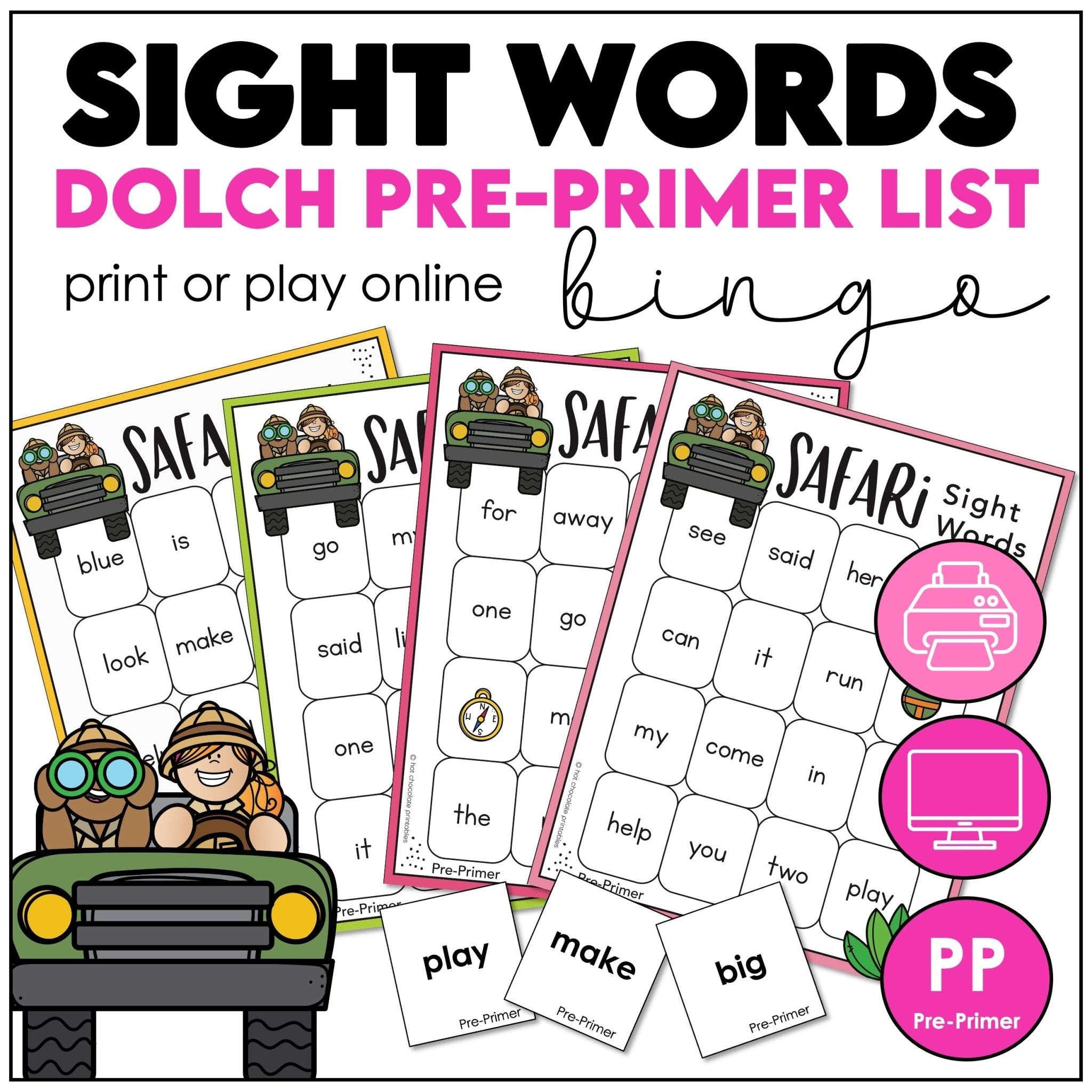 Pre-Primer sight word bingo game for Dolch sight words