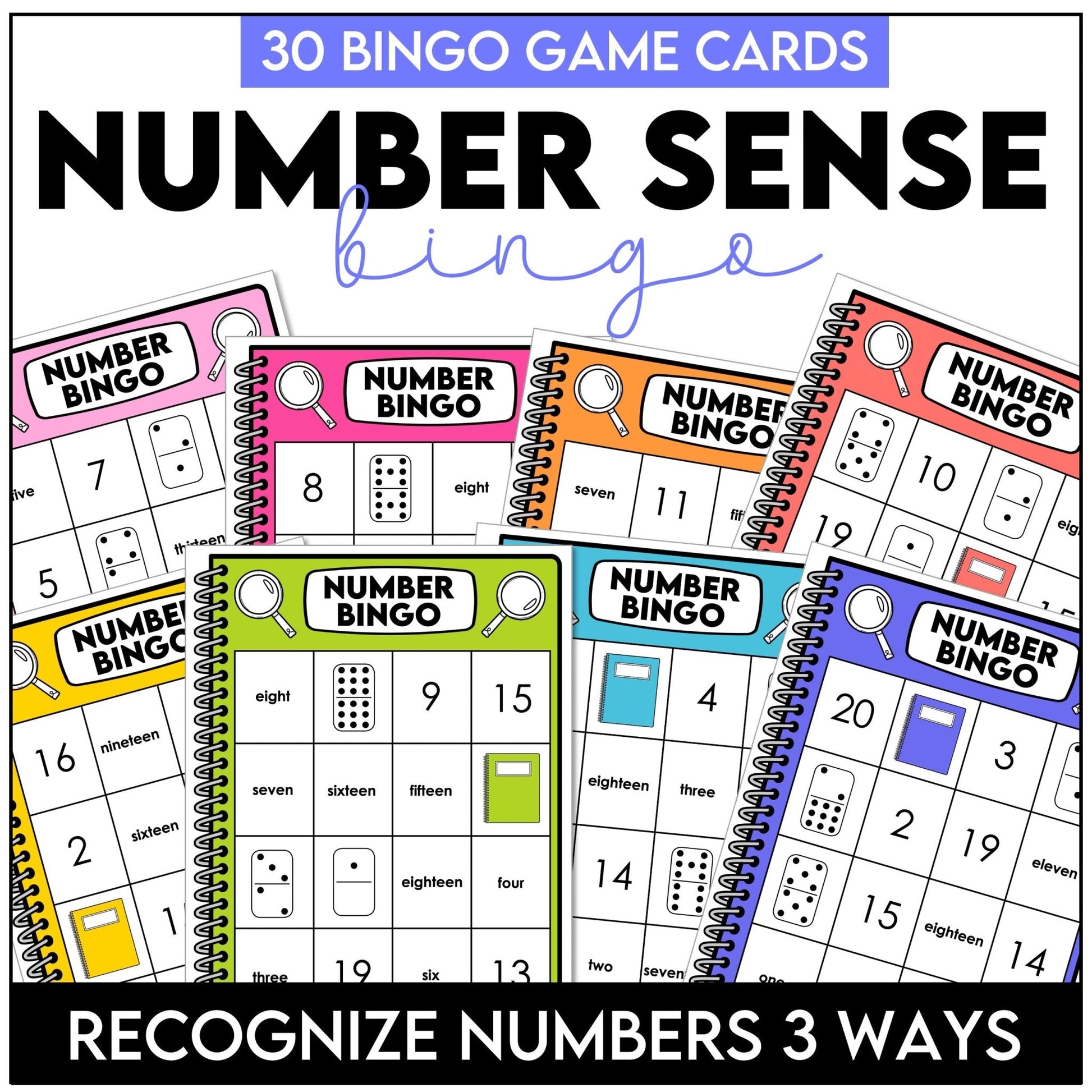 Bingo Game Numbers 1 - 20 Number Sense: Words, Numerals & Dominoes (Counting) - Hot Chocolate Teachables