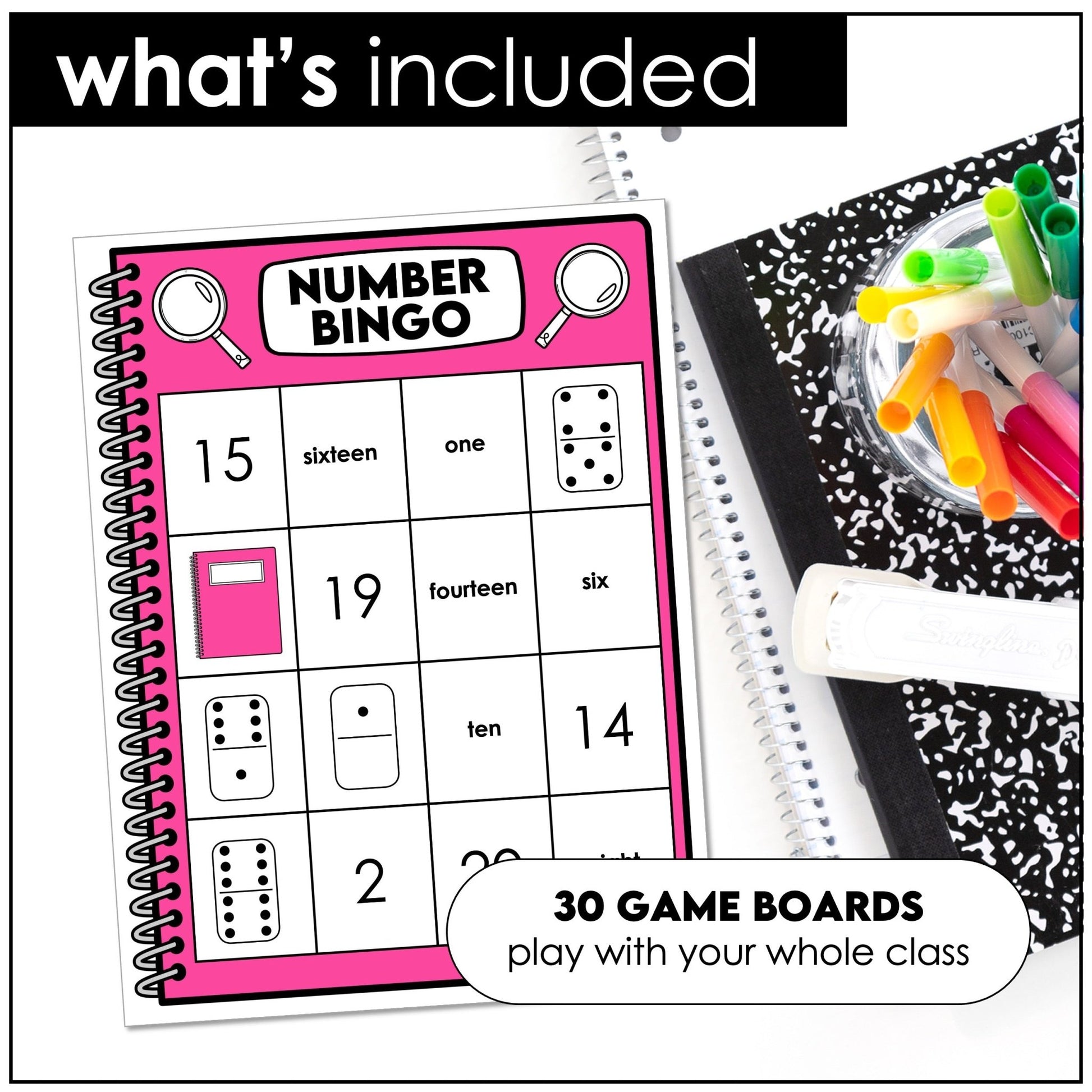 Bingo Game Numbers 1 - 20 Number Sense: Words, Numerals & Dominoes (Counting) - Hot Chocolate Teachables