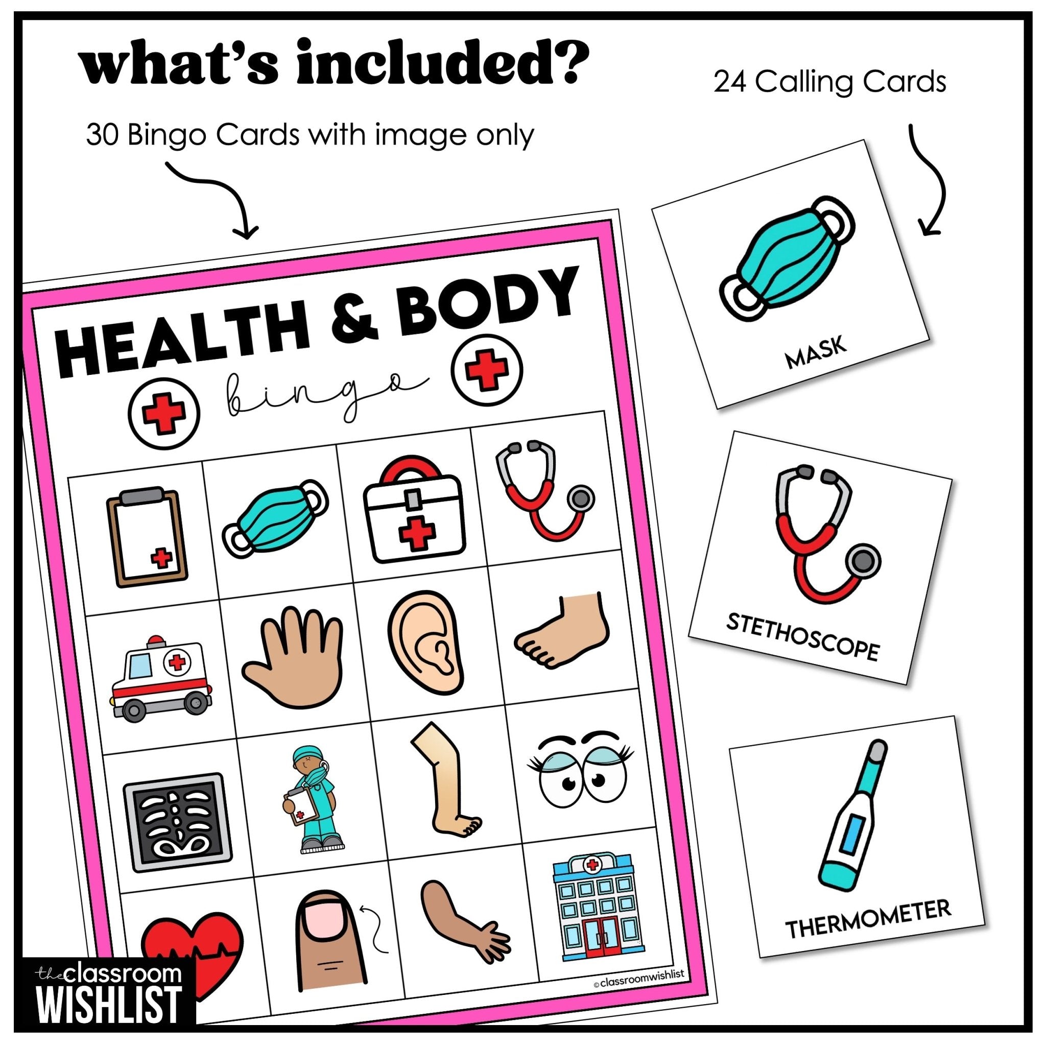 Body Parts & Health Vocabulary Bingo | ESL, ELL, and ELA Classroom Game - Hot Chocolate Teachables