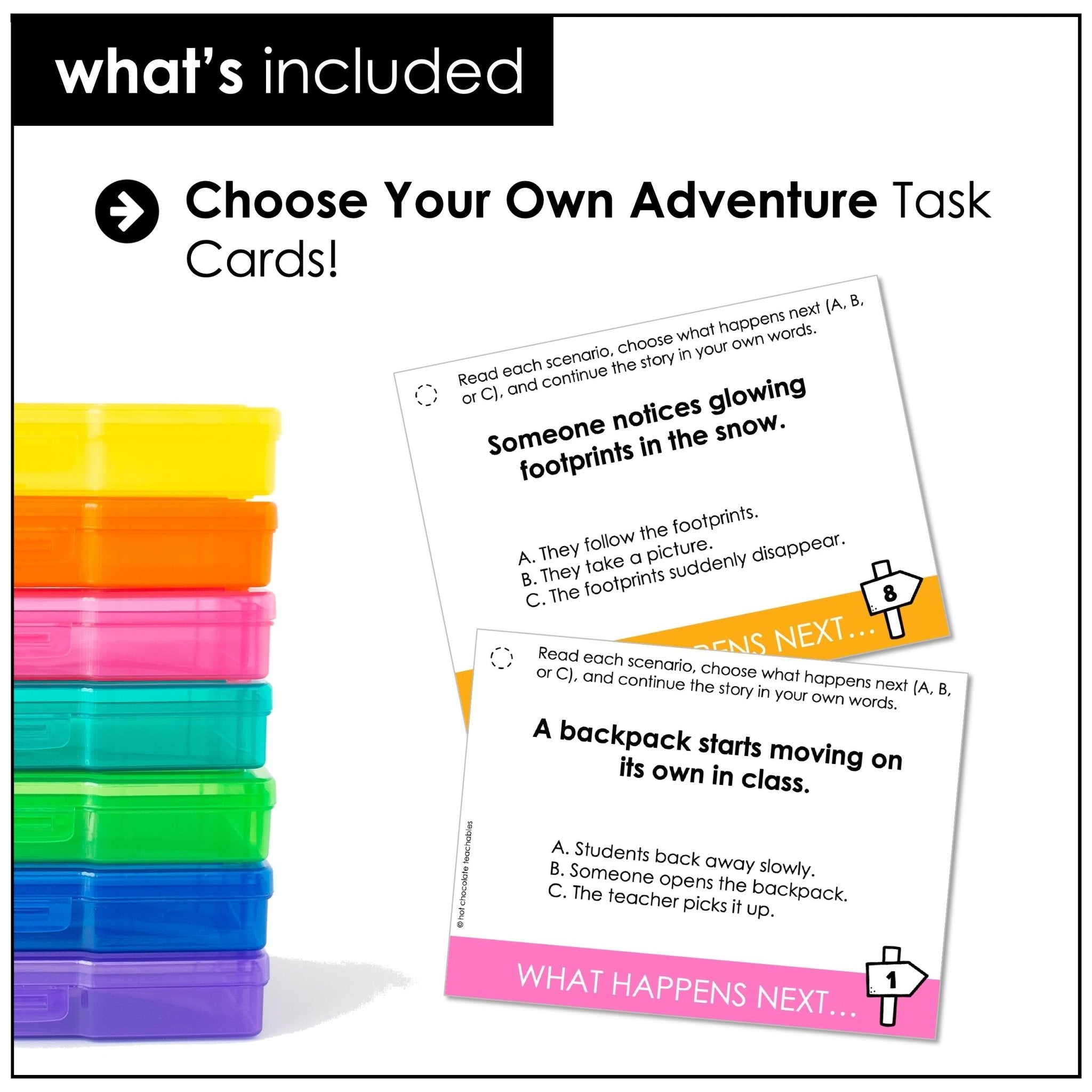Choose What Happens Next Task Cards – Storytelling & Prediction Speaking Activity - Hot Chocolate Teachables