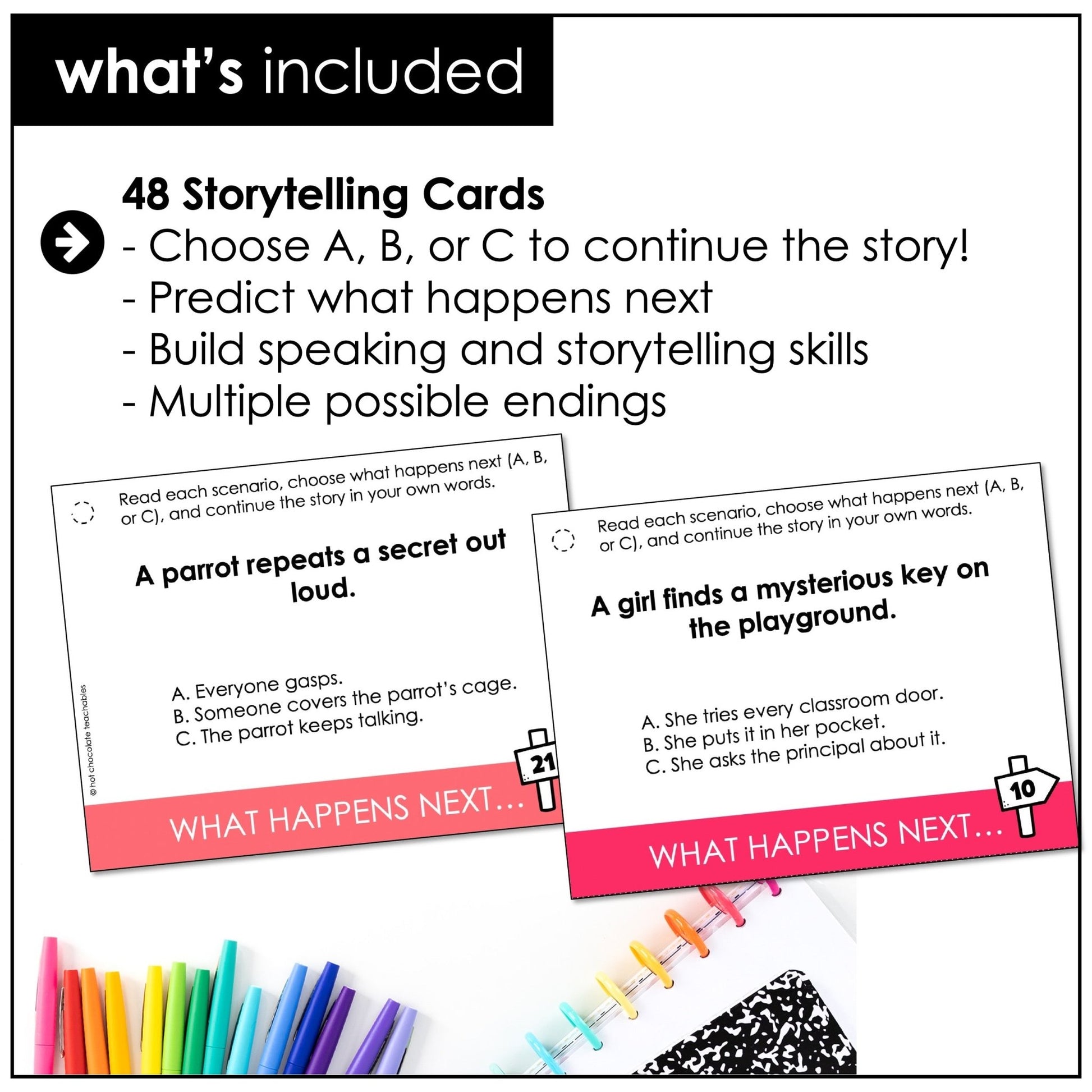 Choose What Happens Next Task Cards – Storytelling & Prediction Speaking Activity - Hot Chocolate Teachables