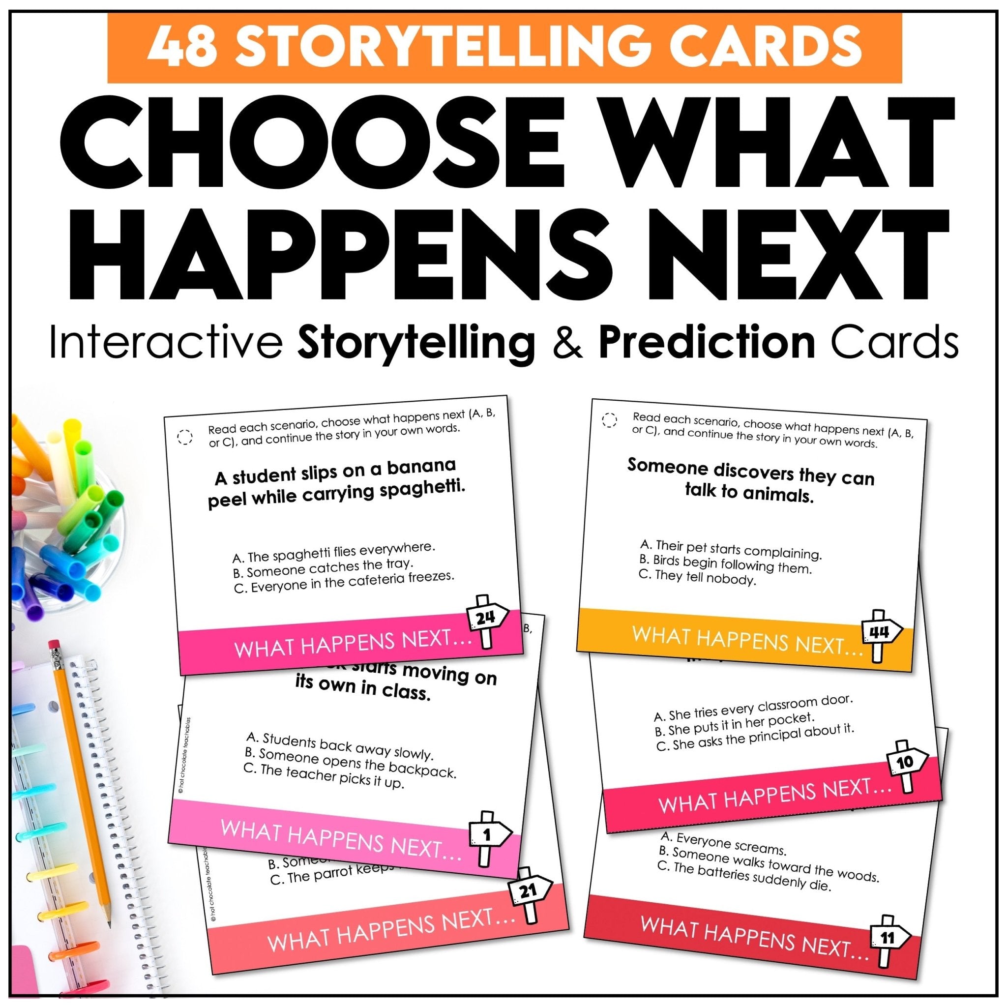 Choose what happens next storytelling task cards for prediction and ESL speaking practice