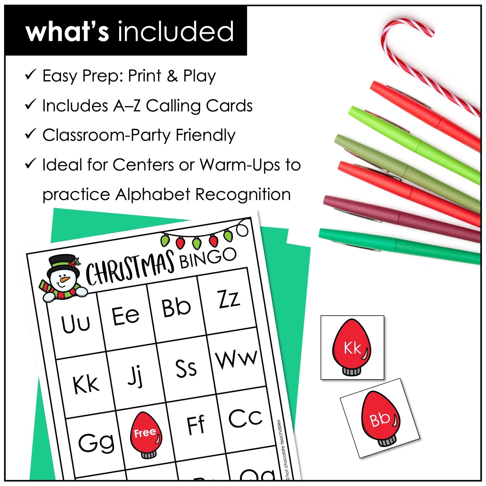 Christmas Alphabet Bingo Game Cards - Hot Chocolate Teachables