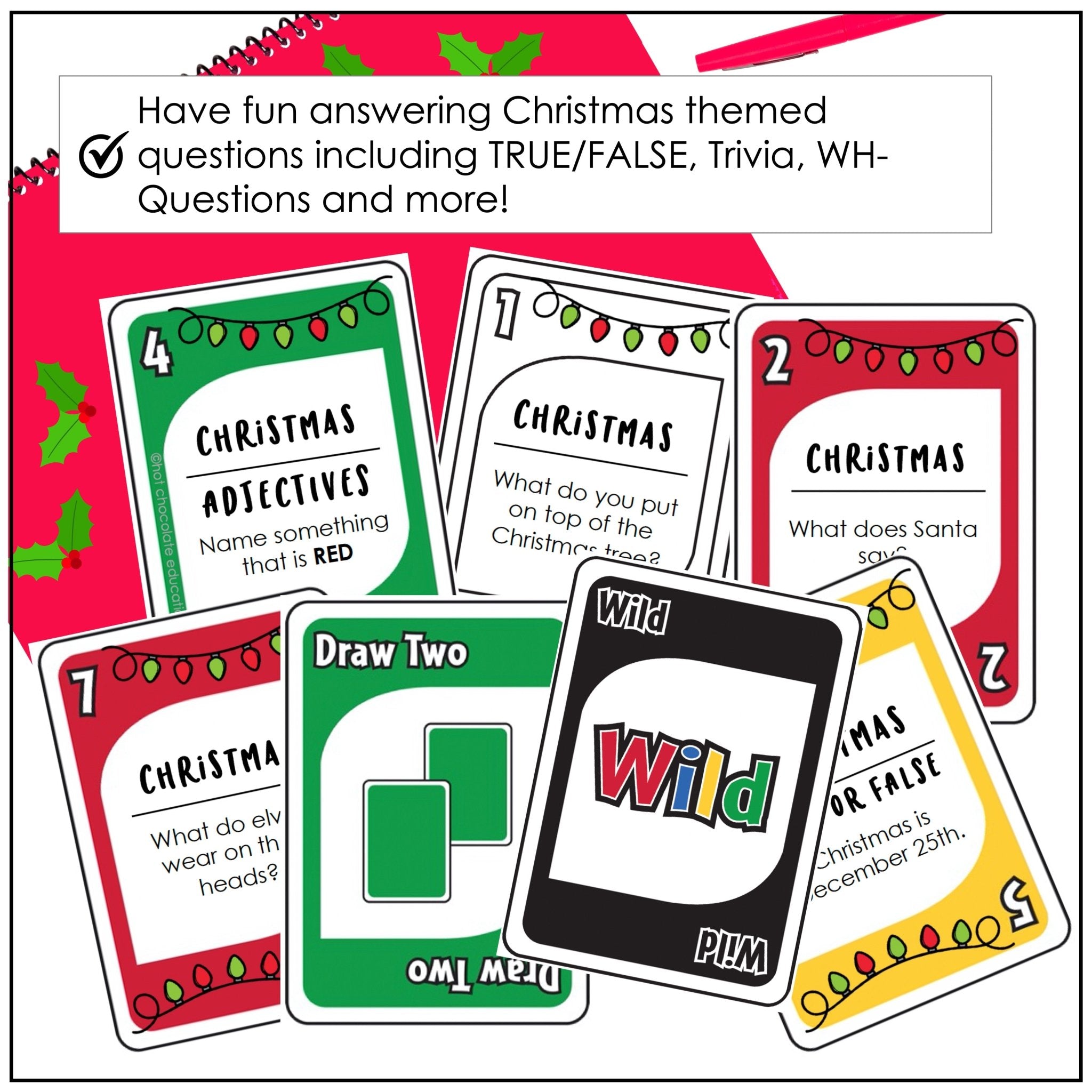Christmas Card Game | Holiday Questions - Trivia - Vocabulary - Hot Chocolate Teachables