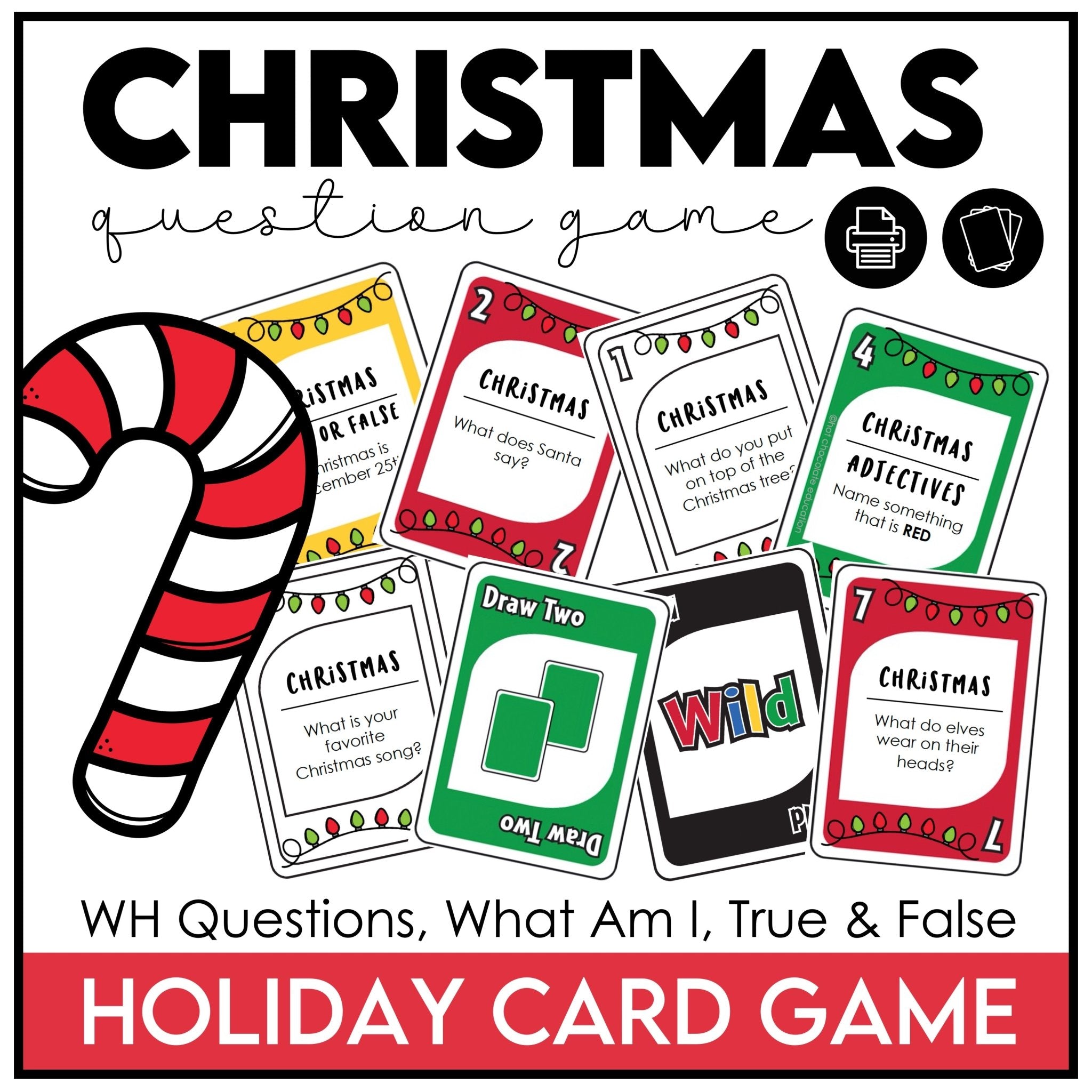 Christmas Card Game | Holiday Questions - Trivia - Vocabulary - Hot Chocolate Teachables
