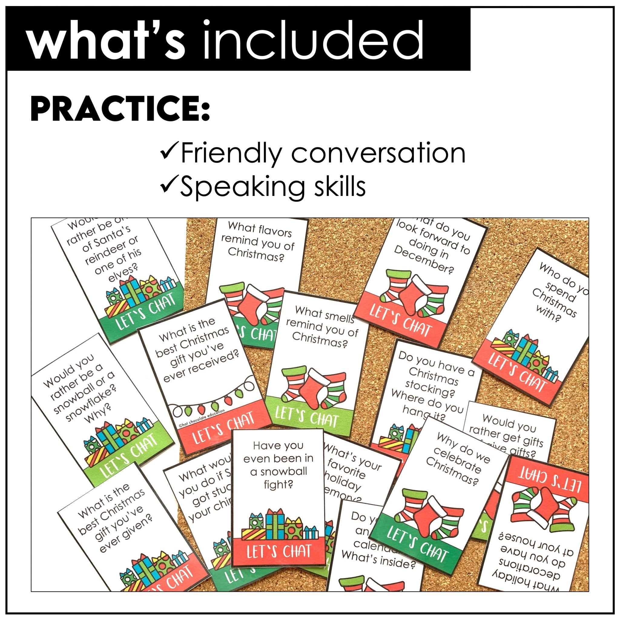 Christmas Conversation Question Card Set - 40 Cards - Hot Chocolate Teachables