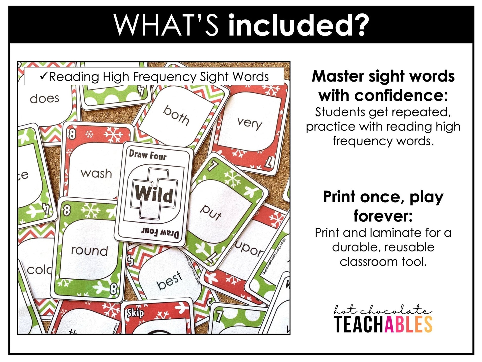 Christmas Sight Word Card Game for 1st & 2nd Grade Lists - Plays like UNO - Hot Chocolate Teachables