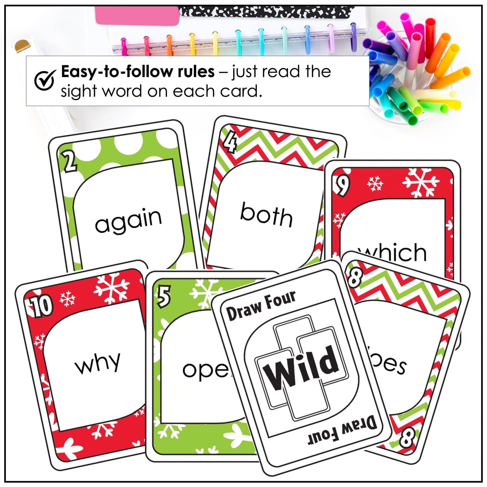 Christmas Sight Word Card Game for 1st & 2nd Grade Lists - Plays like UNO - Hot Chocolate Teachables