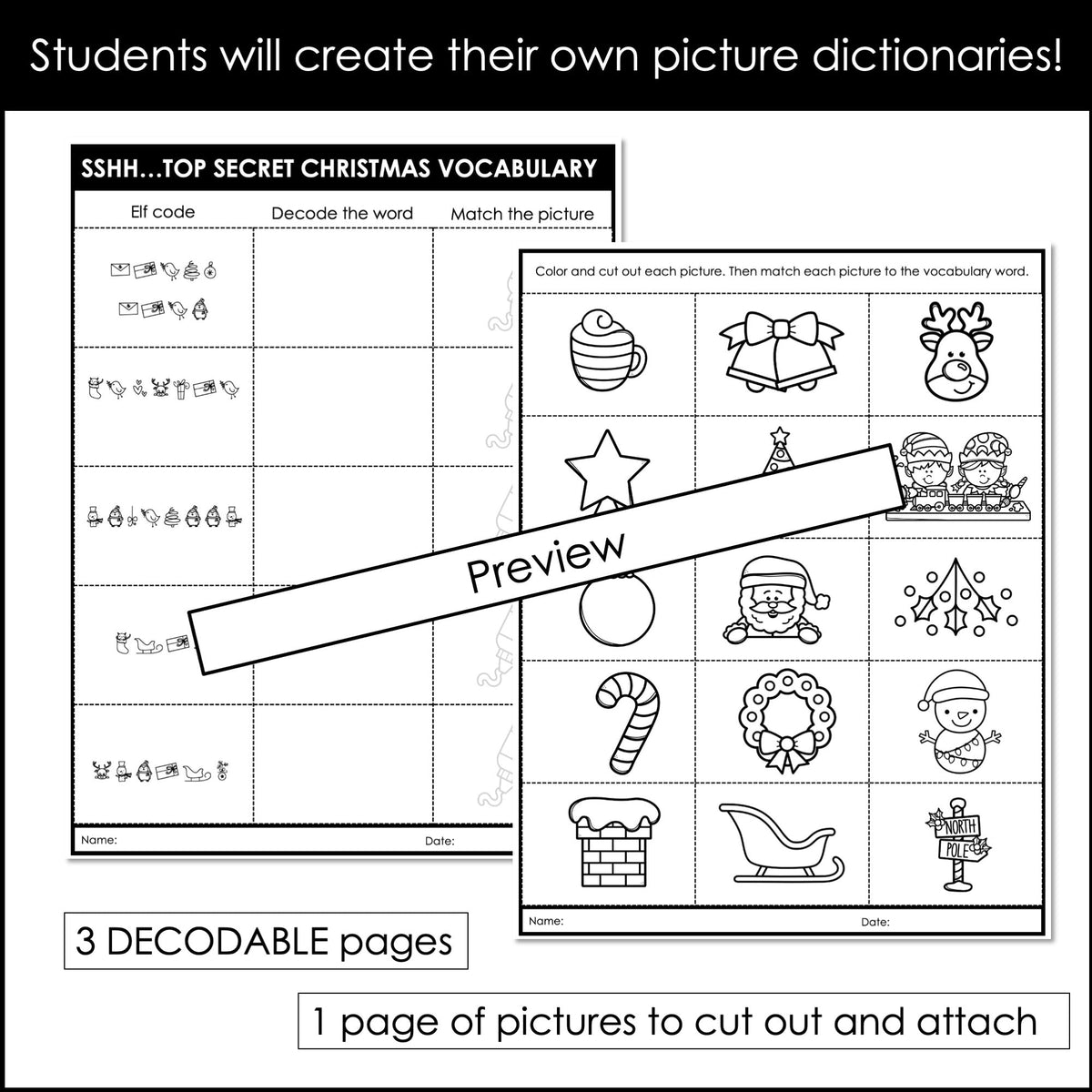 Christmas Vocabulary Picture Dictionary & Memory Game – Elf Secret Code Activity - Hot Chocolate Teachables