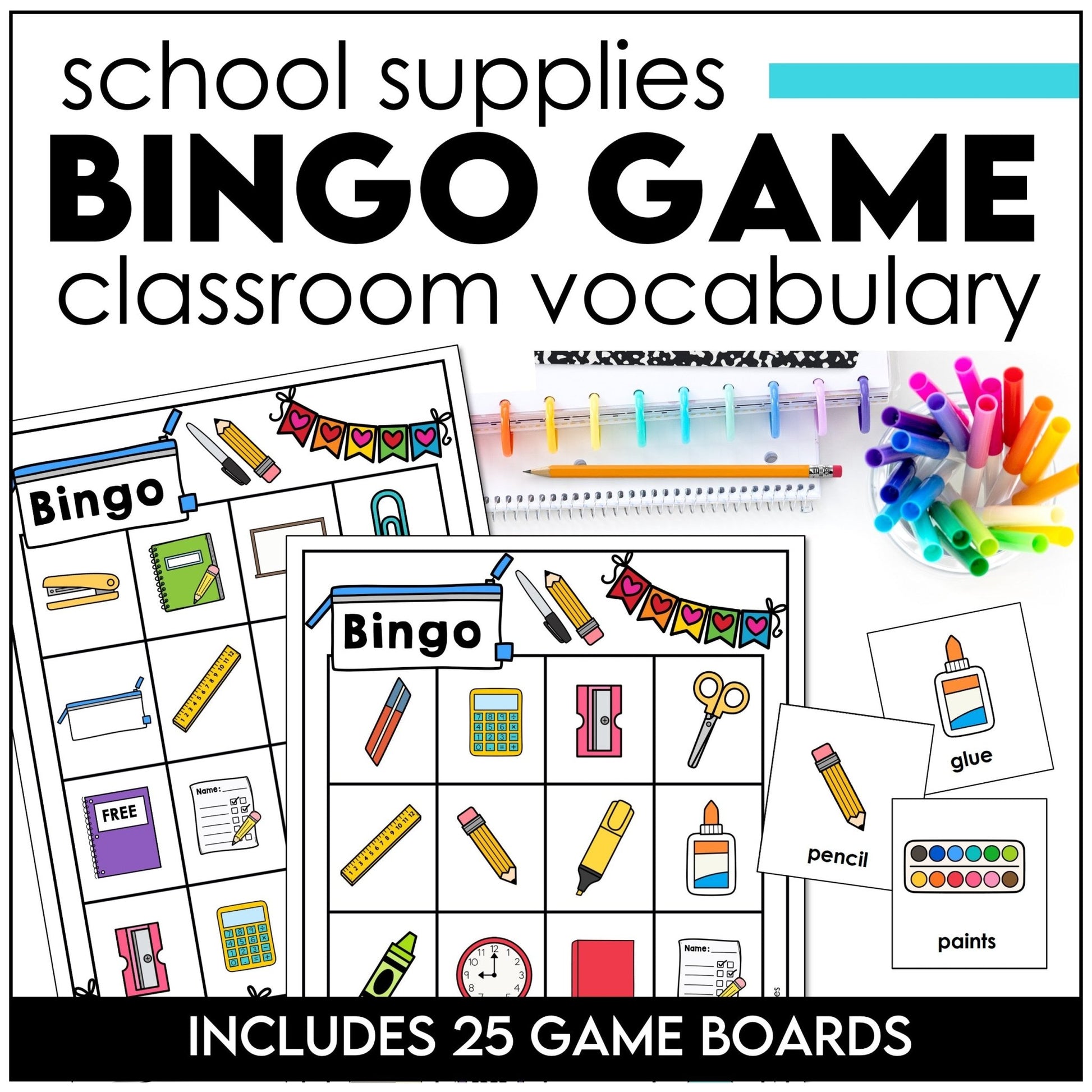 Classroom & School Supplies Bingo Game - Vocabulary Building for ELL - ESL - EFL - Hot Chocolate Teachables