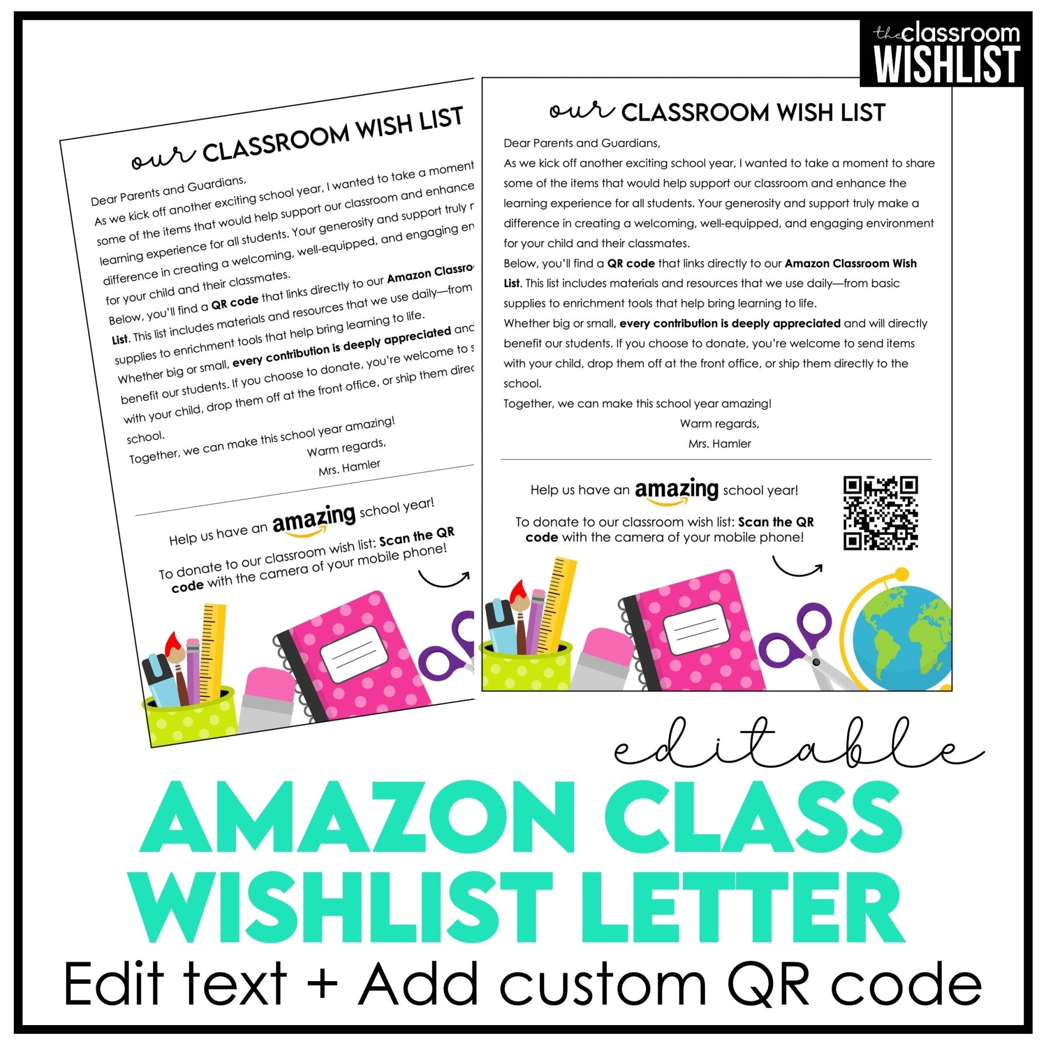 Classroom wish list editable parent letter with QR code for back to school donations
